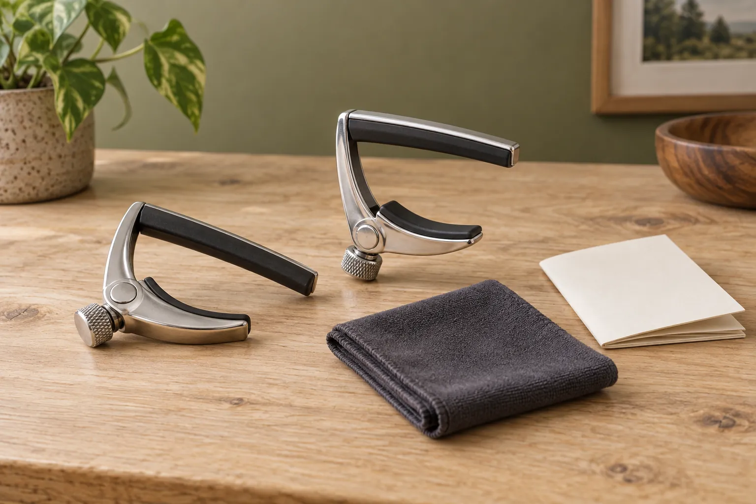 Heritage banjo capo compatibility concept with two whole generic silver uninstalled capos beside a blank booklet