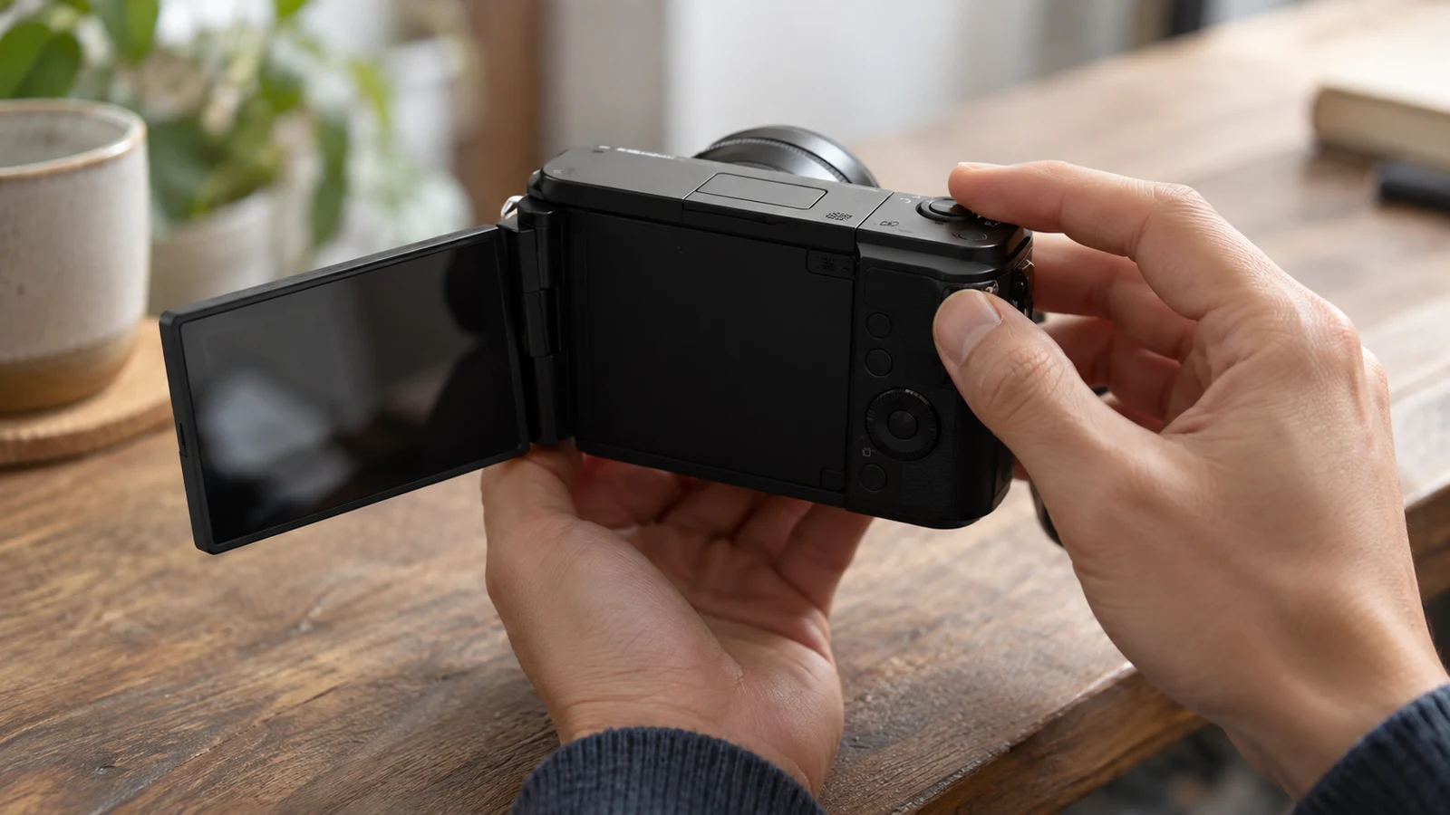 Sony ZV-1 II recording status checks: Hands hold a black camera with an open dark screen above a wooden table.