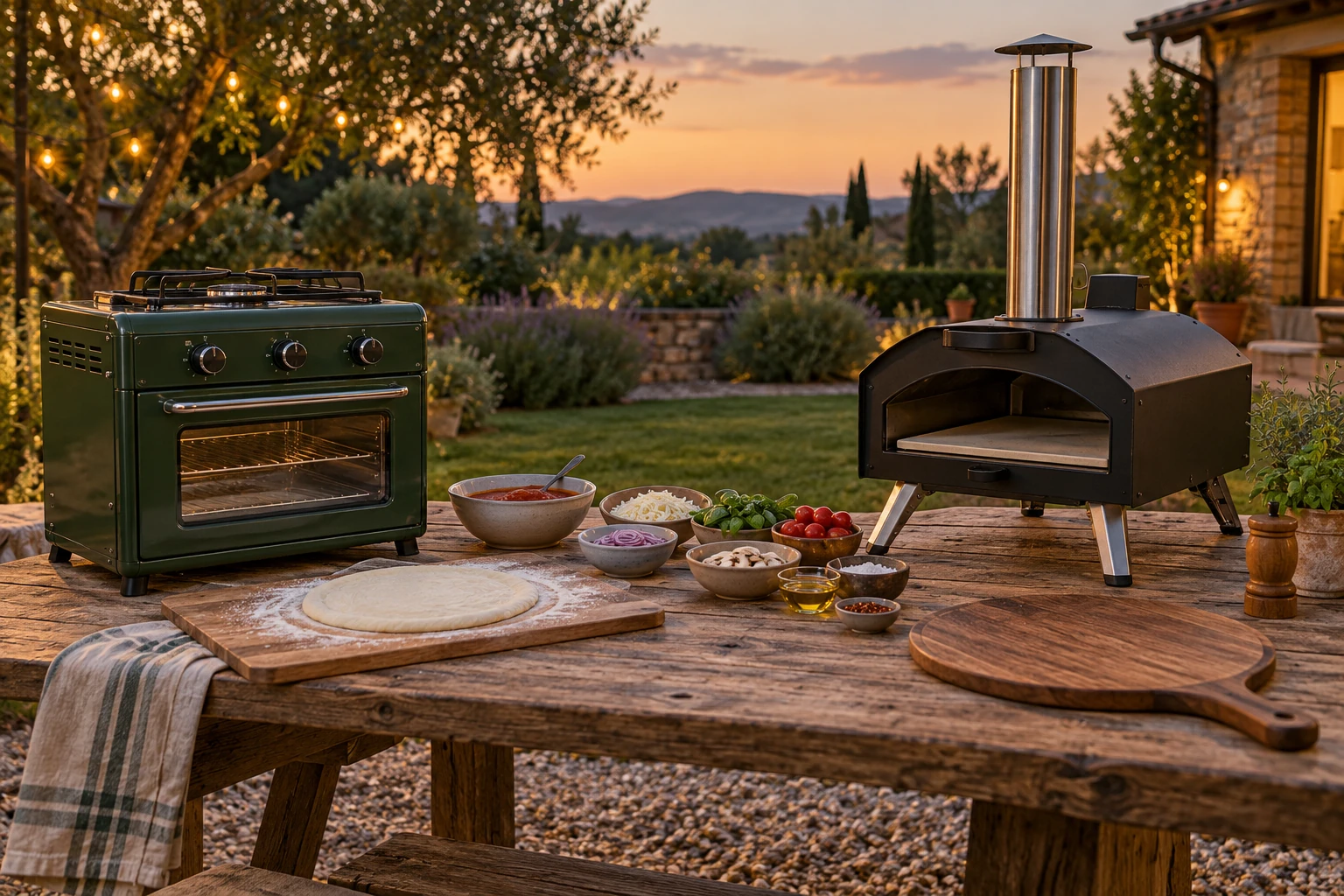 outdoor pizza night setup with a separate green stove and oven combo and a black chimney pizza oven beside a picnic prep table.