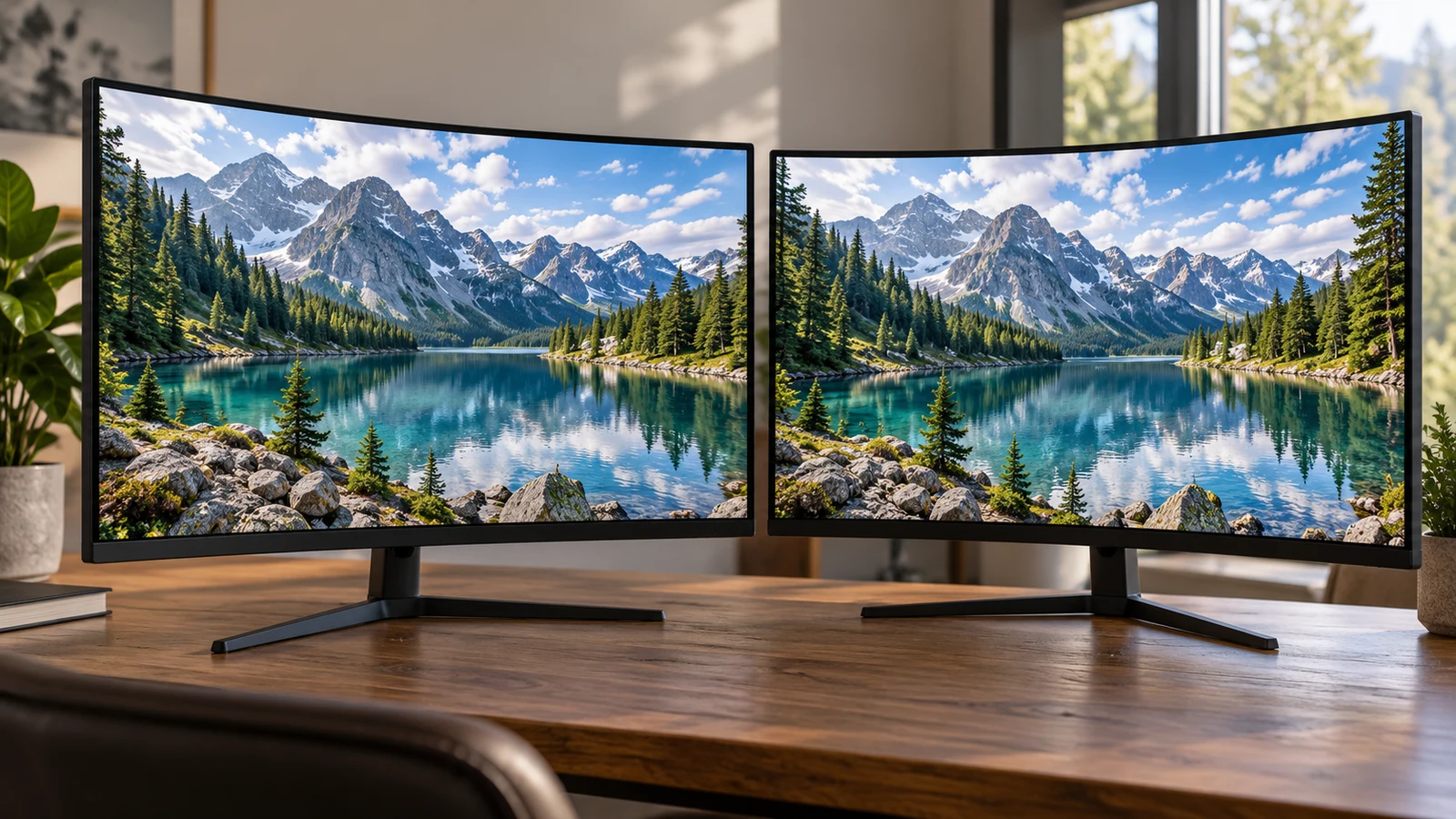 Pixio PXC278: Two curved monitors display mountain lakes on a wooden desk.