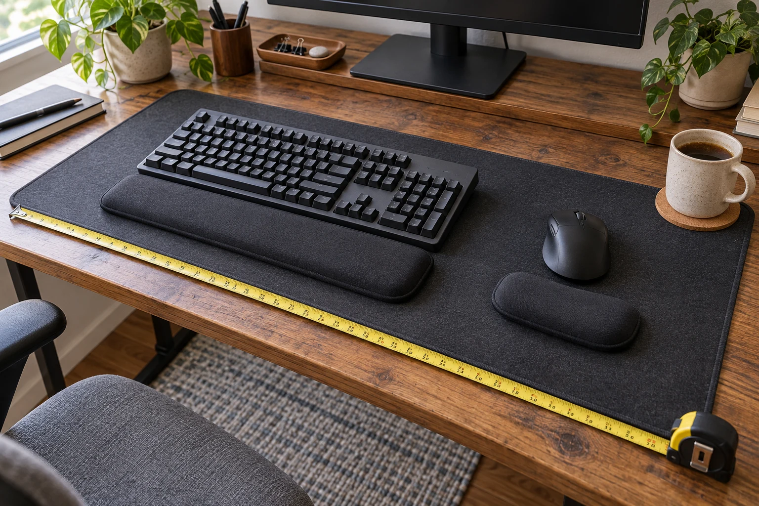how desk pad dimensions affect a keyboard and mouse setup with a measured black desk mat, full-size keyboard, mouse and separate wrist rests.