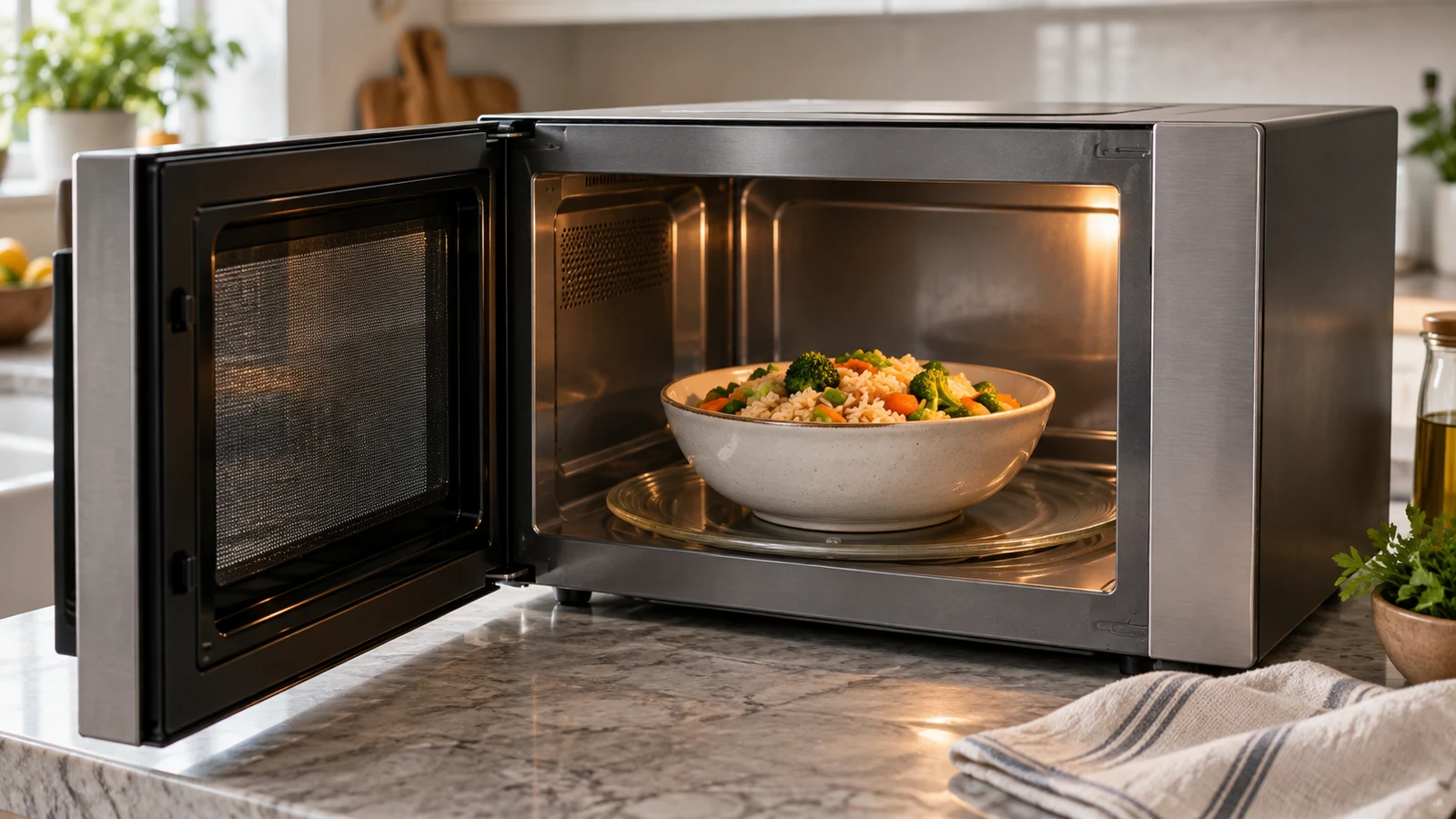Toshiba microwave ML-EM45PIT: An open unbranded microwave holds a bowl of rice and vegetables on a glass turntable.