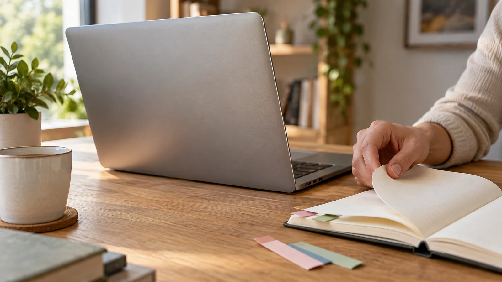 Dell Inspiron PDF bookmark checks: A hand turns a page beside an unbranded laptop and colored tabs on a wooden desk.
