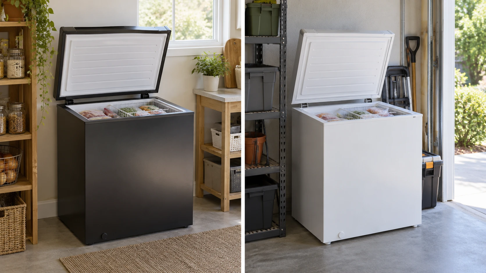 For fitkeeper FLG-100Q-BLACK chest freezer, weigh placement, documented garage use, basket access, temperature claims, dimensions, and upkeep.