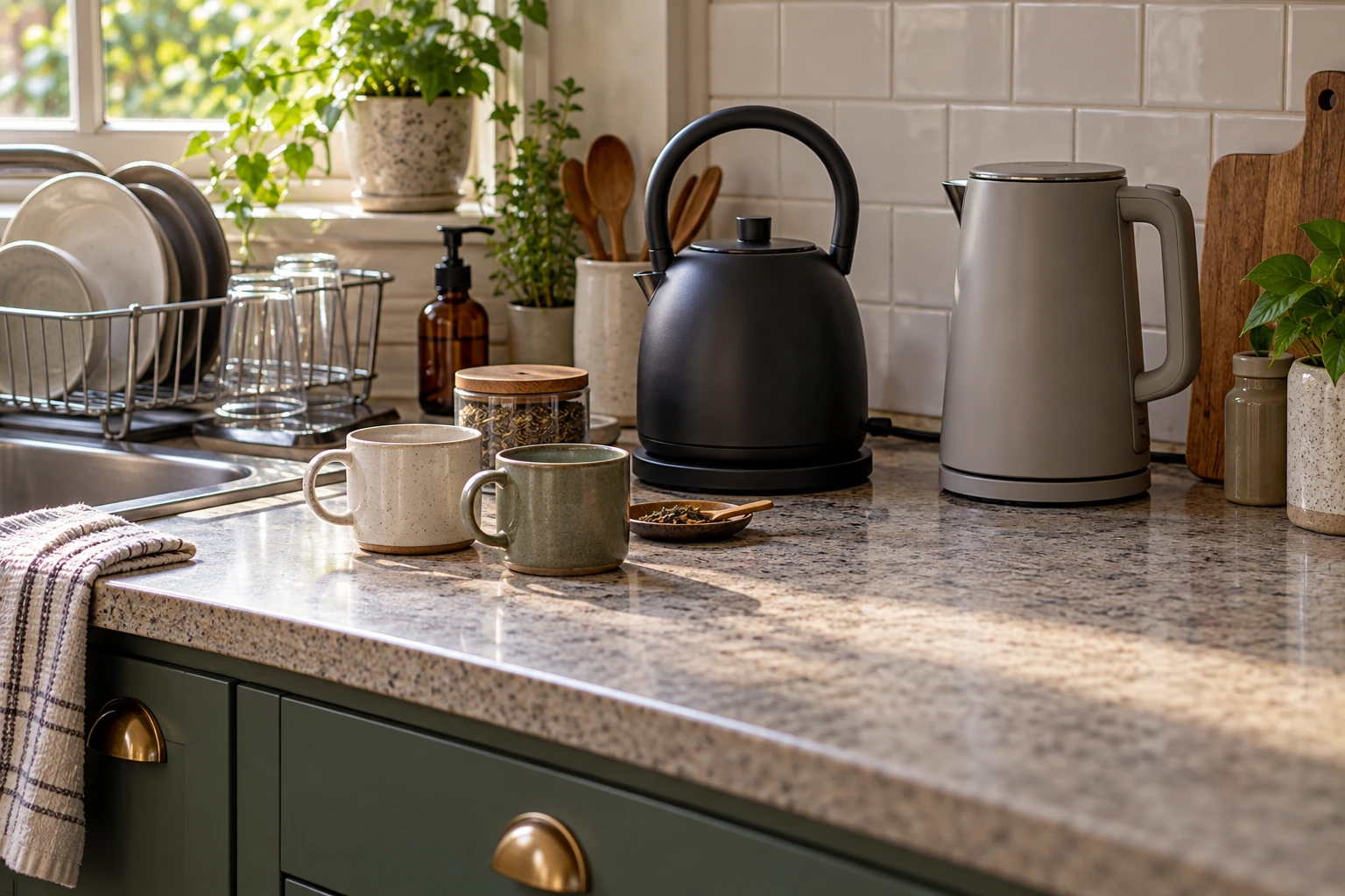 electric kettle tea corner with a black round kettle, a gray kettle, two mugs and an uncluttered landing area on a compact counter.