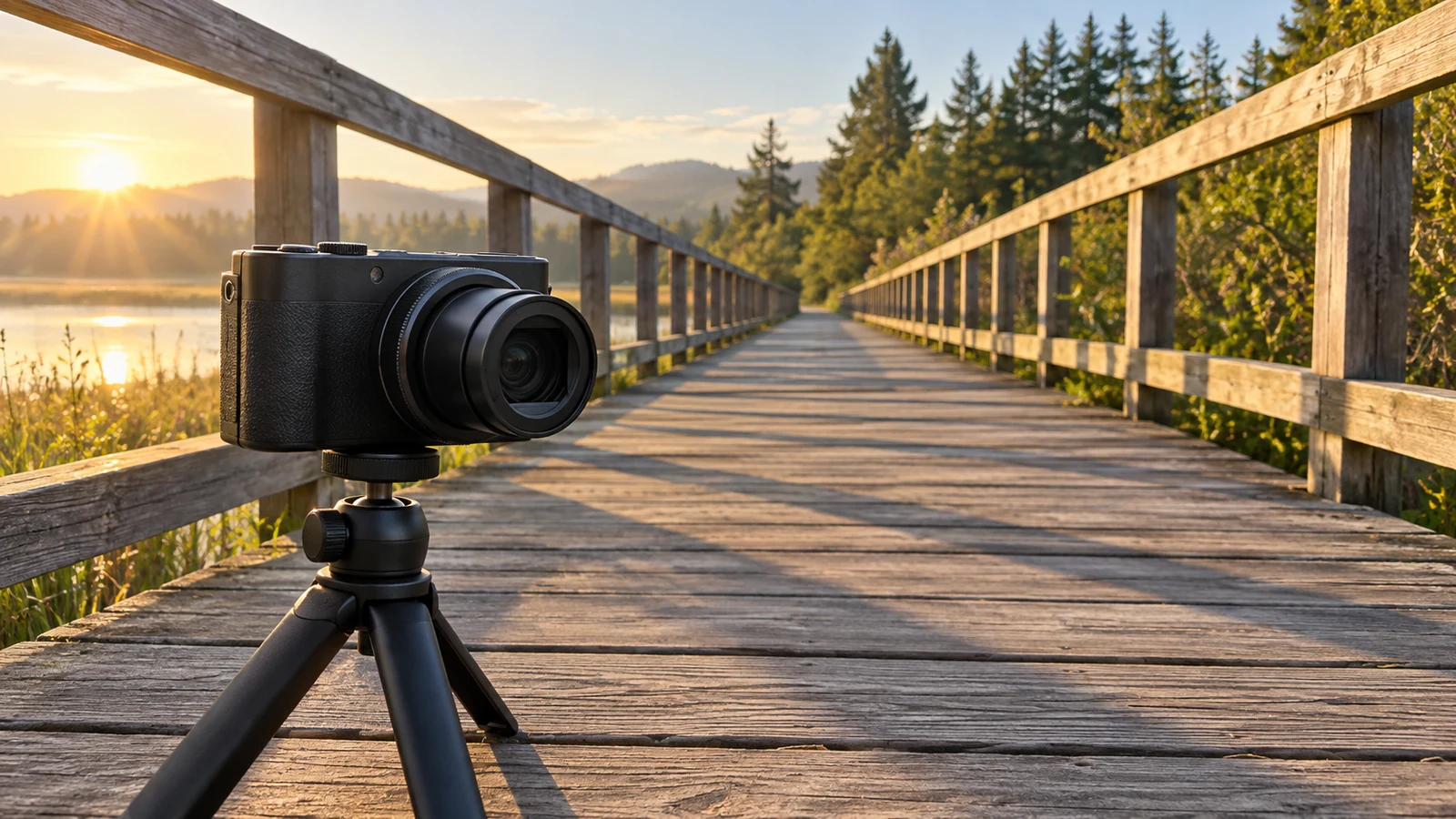 Sony ZV-1 II leading line photography: An unbranded camera stands on a tripod on a sunlit wooden boardwalk.