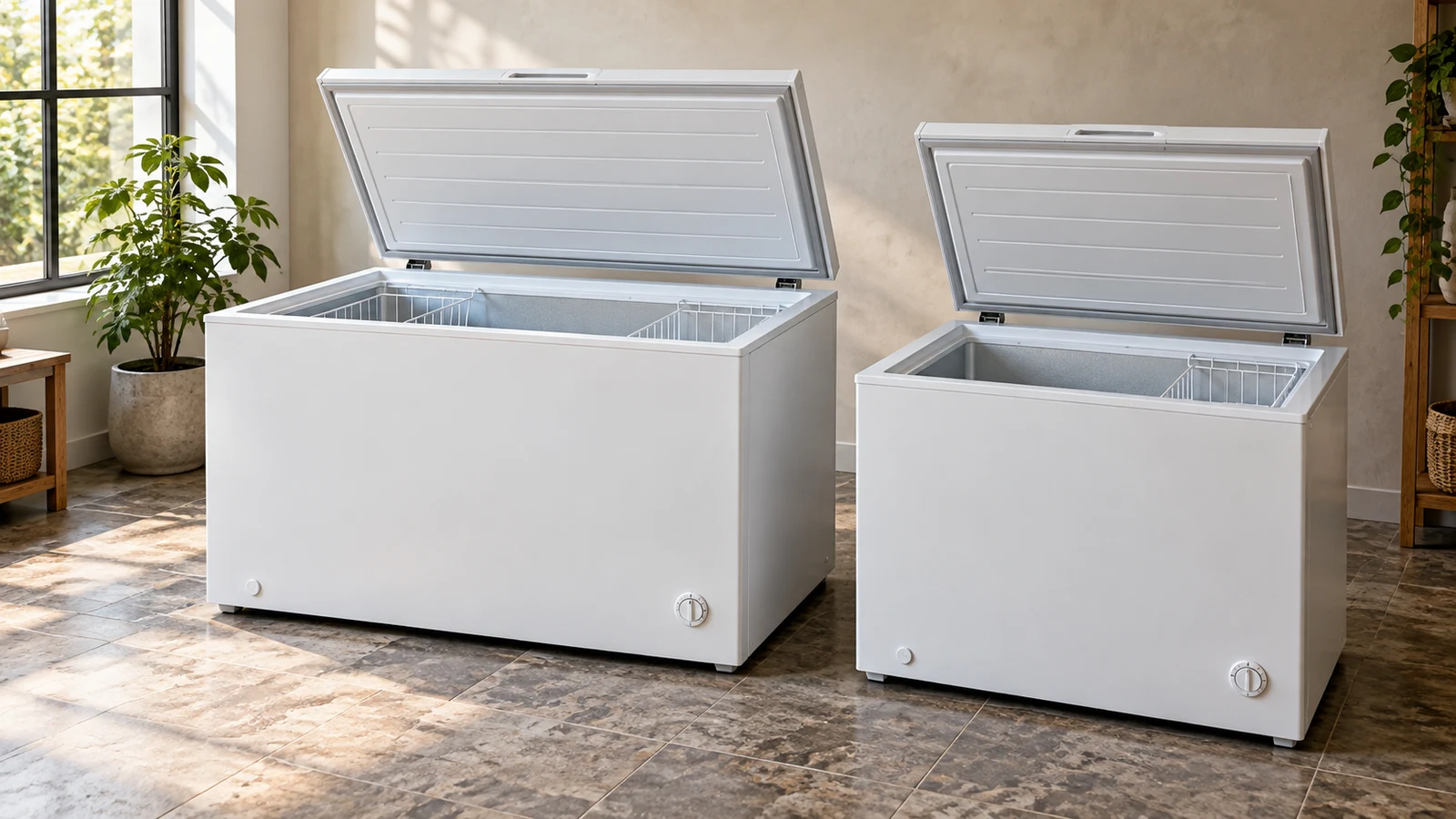Ecotronic: Two white chest freezers with raised lids, wire baskets and round control knobs stand on a tiled floor.