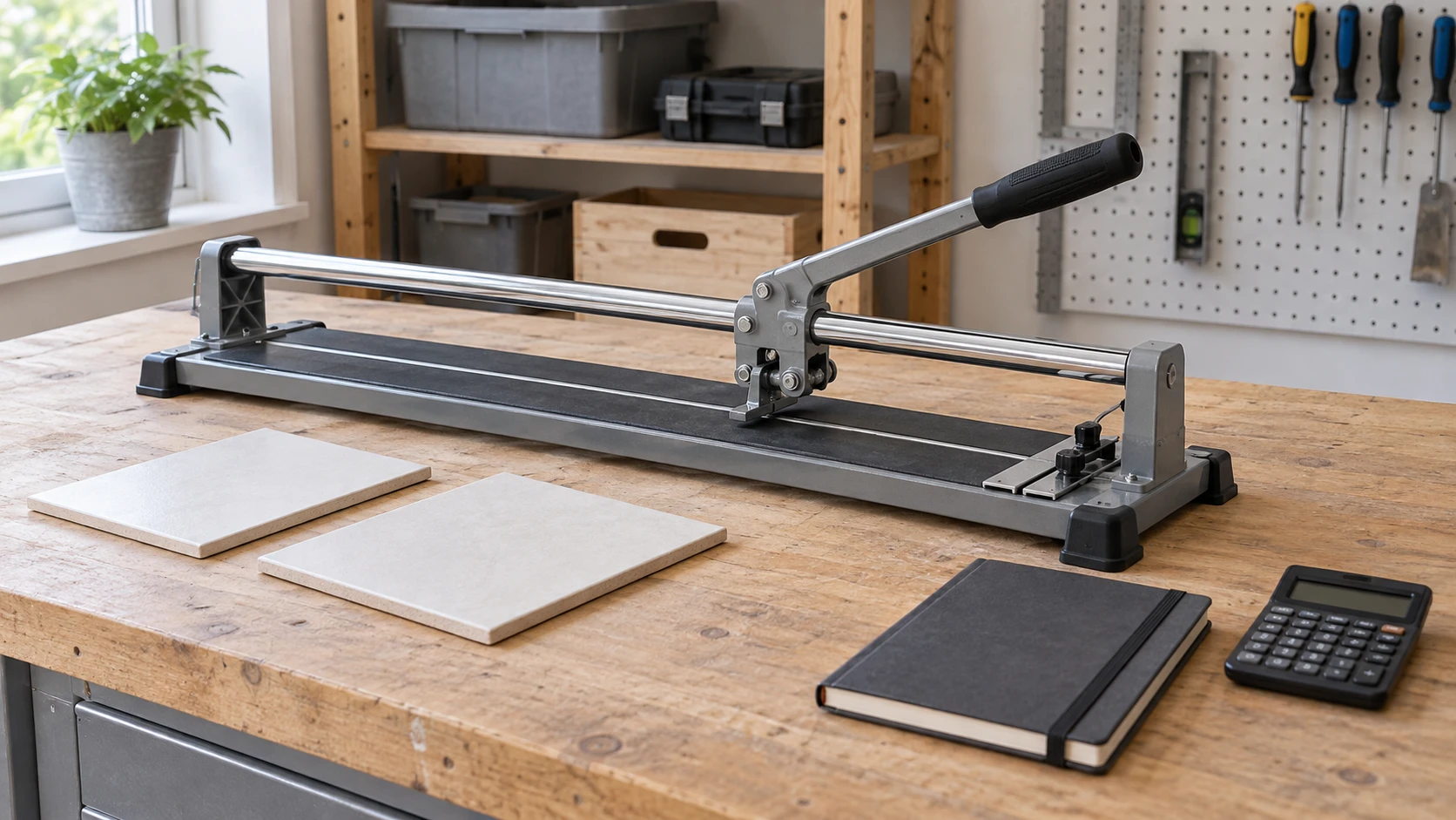 Tile cutter rental vs buying concept with a whole generic inactive manual cutter, separate tiles and planning materials.