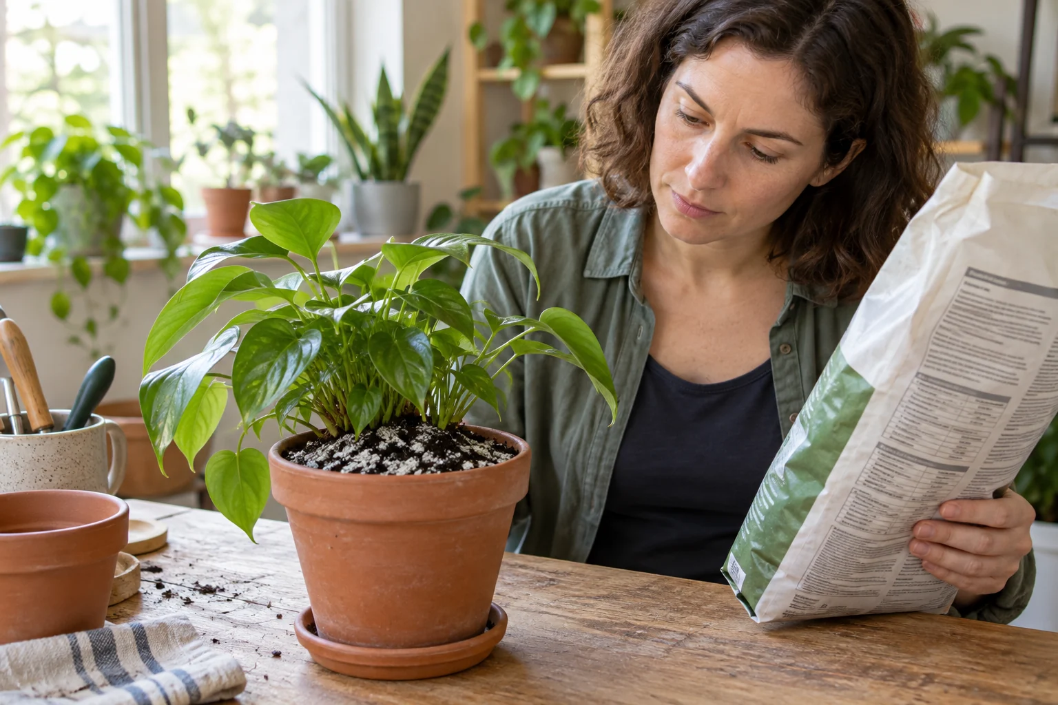 A gardener checks white crust on houseplant soil against a mixture label before choosing replacement potting mix.