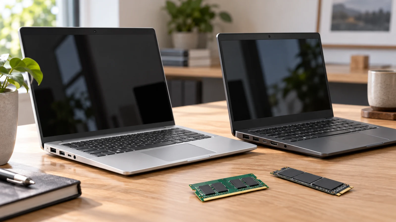 CHIBBS: Two open laptops with dark screens sit beside memory and storage modules on a wooden desk.