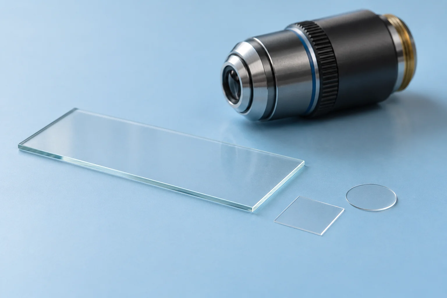 Coverglass thickness considered beside an inactive microscope objective, a rectangular slide and separate square and round covers in a conceptual compatibility scene.