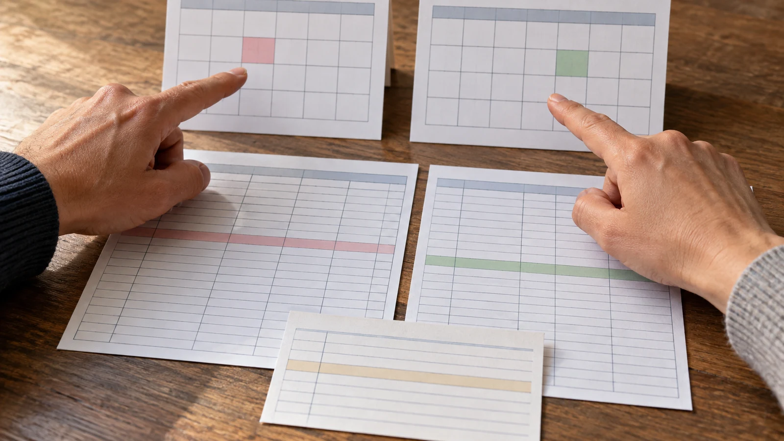 spreadsheet date ambiguity: Hands point at highlighted calendar grids beside ruled sheets and a separate card on a wooden table.