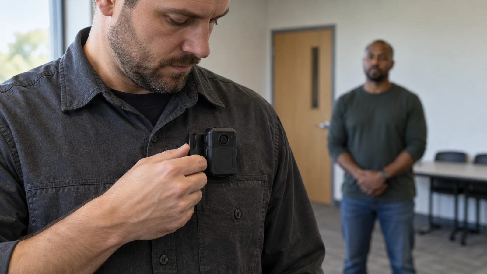 body camera viewpoint checks: A man adjusts a chest-mounted camera while another man stands near a door.