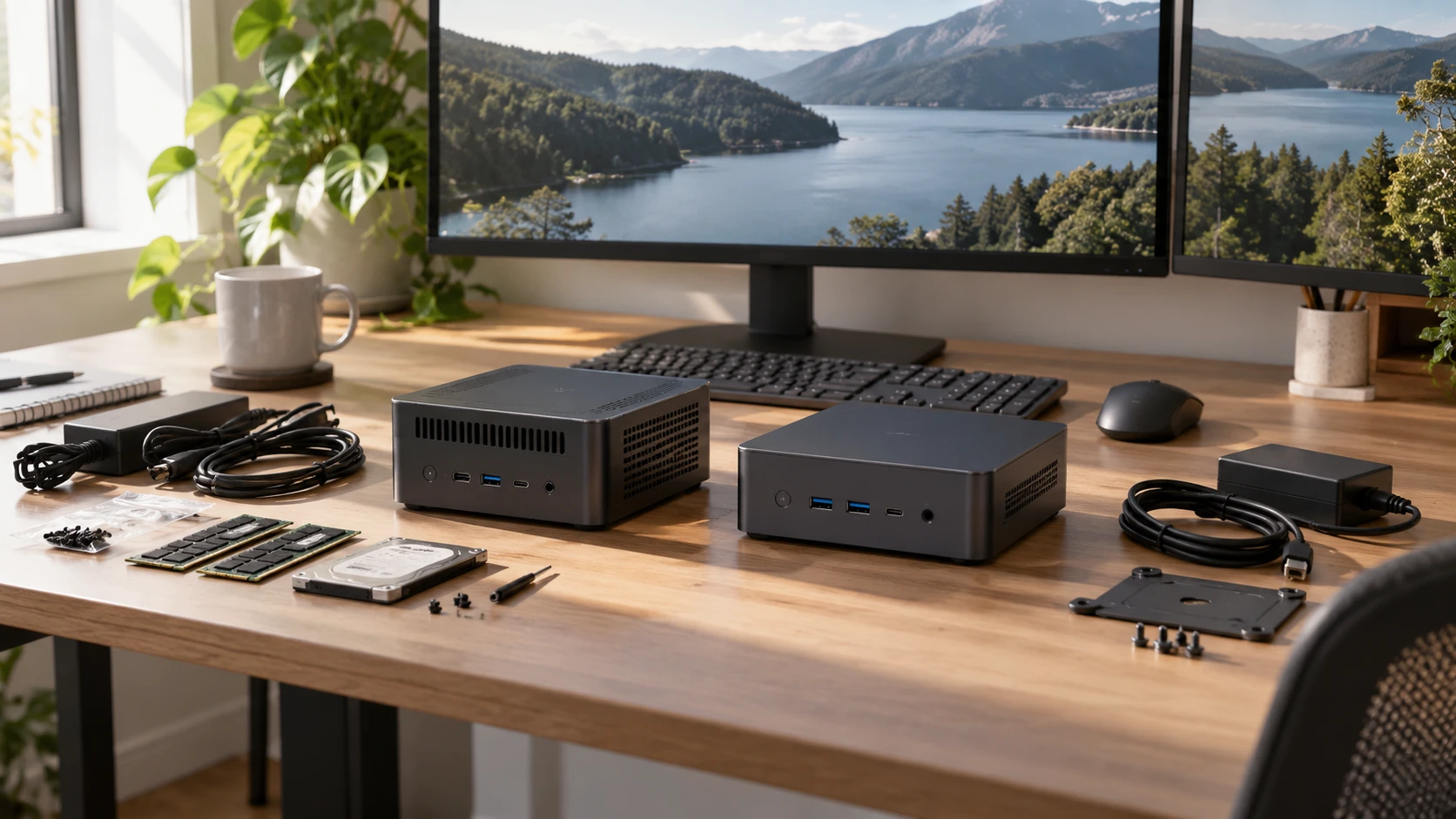 For MINISFORUM NAB8 Plus mini PC, consider box contents, memory and storage slots, display outputs, and desk setup.