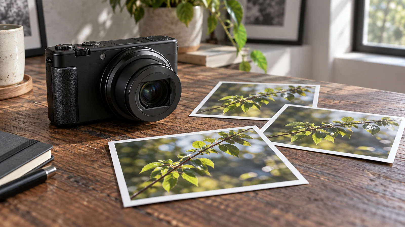 Sony ZV-1 II video frame extraction: A black camera sits beside three leafy-branch photographs on a wooden desk.