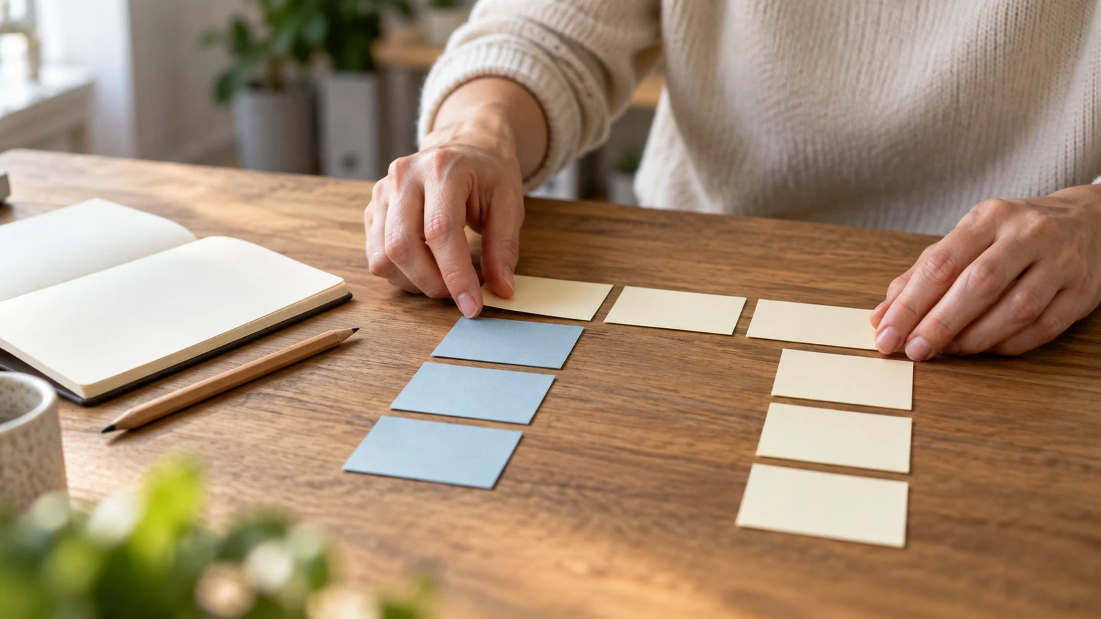 spreadsheet transposition: Hands arrange blank blue and cream cards on a wooden desk beside an open notebook.