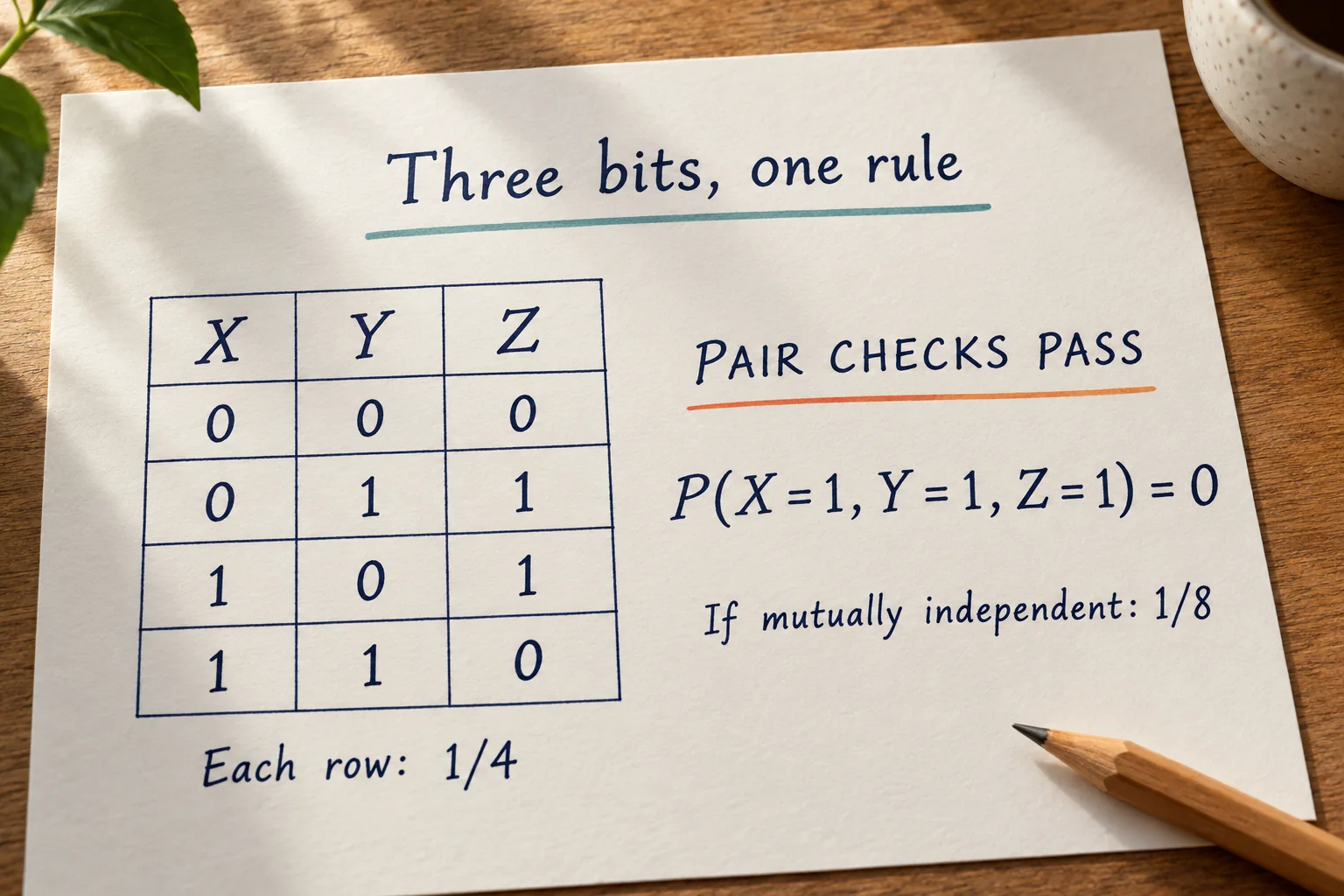 Pairwise independence limits worksheet shows four equally likely bit rows and a missing all-one triple despite uniform pair results.