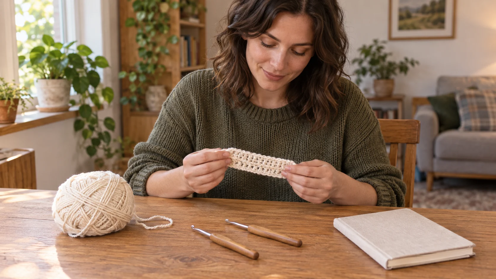 Learn to crochet a practice strip with an adult examining a small cream fabric sample beside two whole generic wood-handled hooks, a yarn ball and a closed notebook.