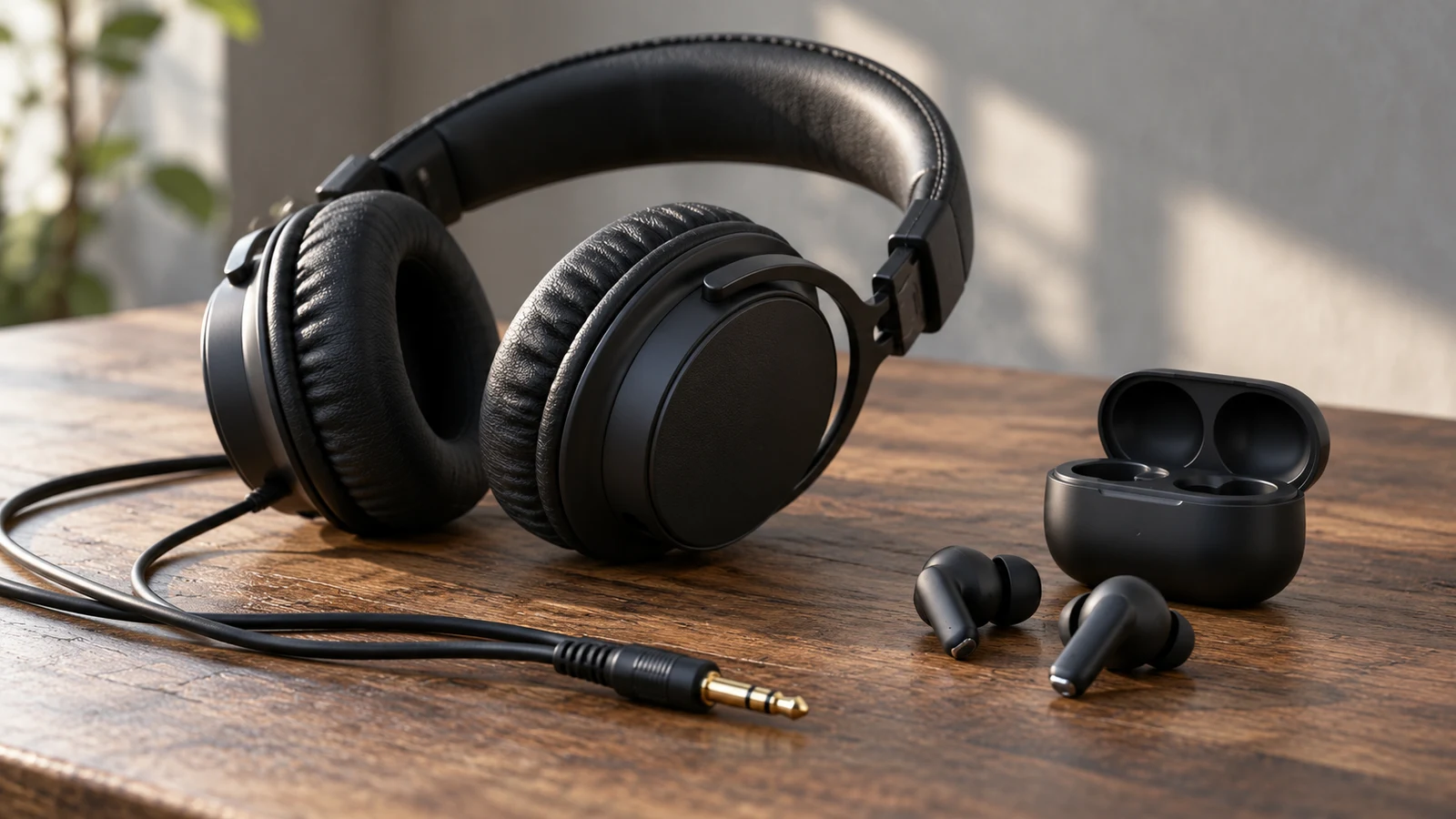 Samson SR880: Black wired headphones, two earbuds and an open charging case rest on a wooden table.