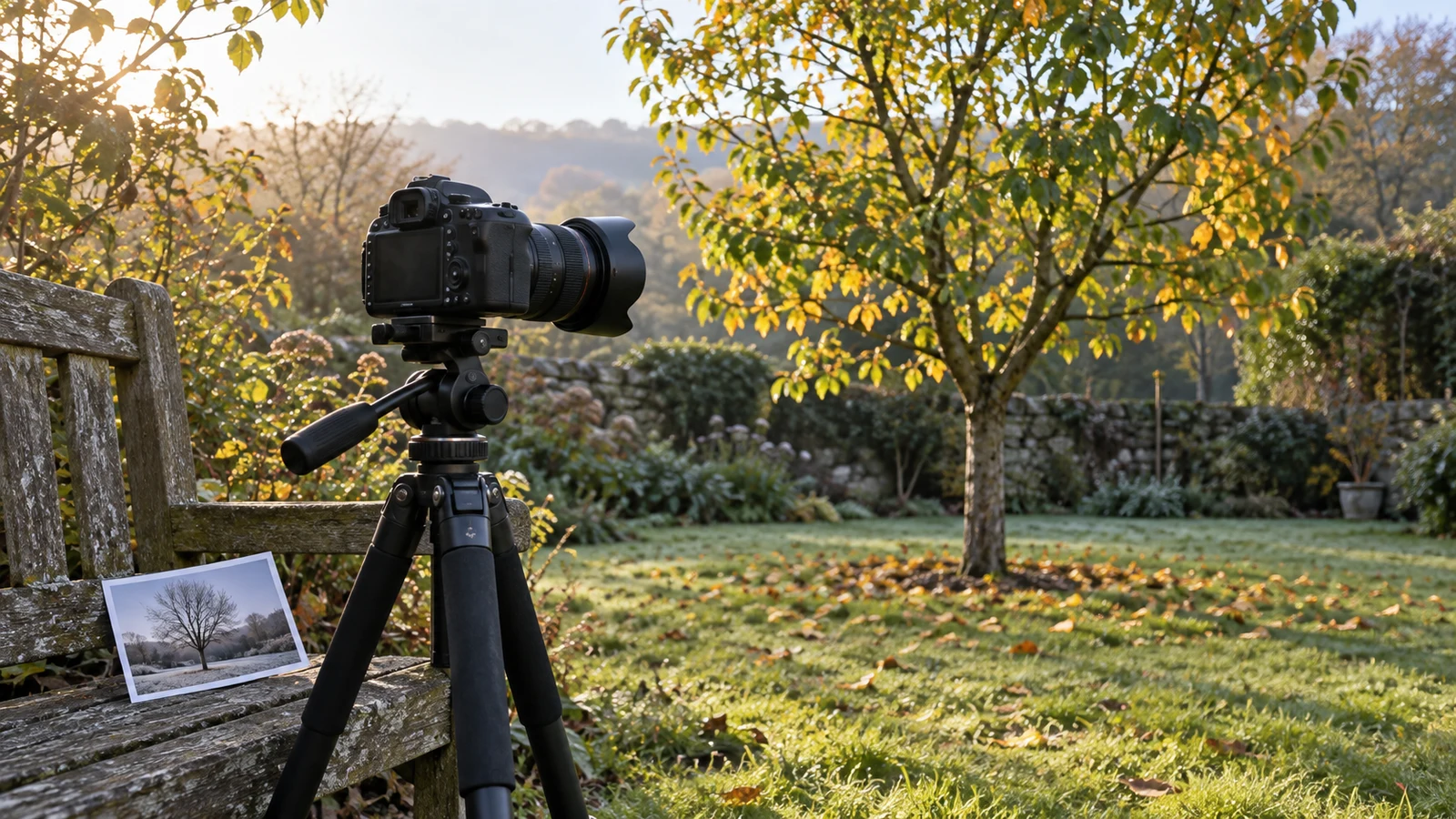 repeat photography planning: A tripod-mounted camera stands beside a bench with a printed photograph of a bare tree.