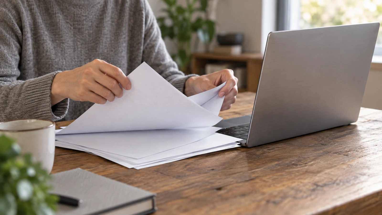 Dell Inspiron PDF page numbering checks: A person holds white sheets beside an unbranded laptop on a wooden desk.