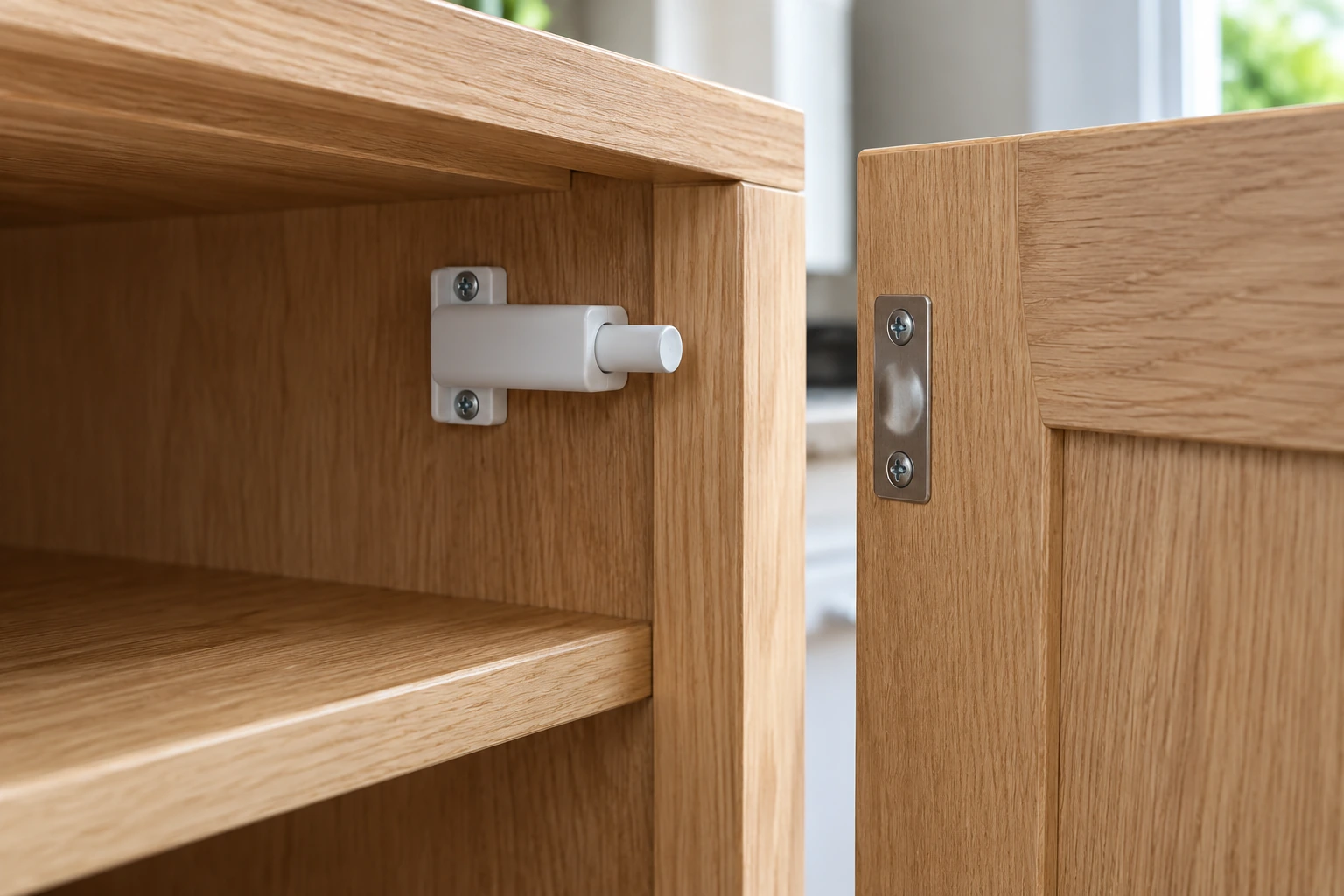 A touch latch and strike plate shown at an open cabinet door, with each component visible before the door closes.