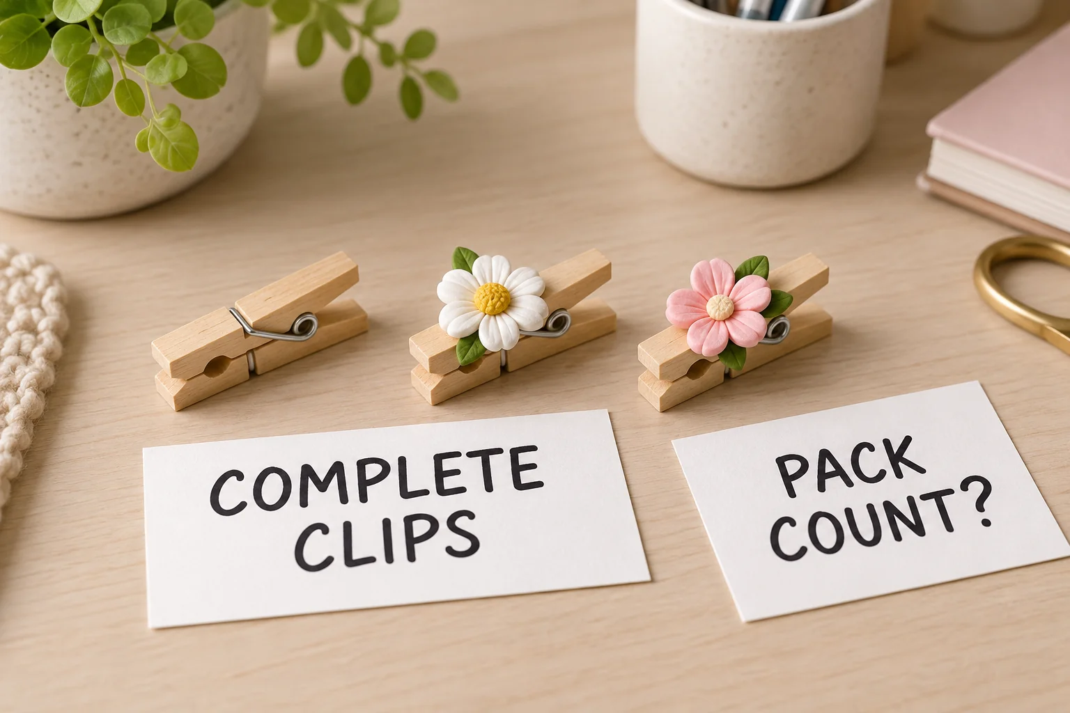 Mini clothespin pack count distinguishes complete decorated clips from their flowers and an unresolved offered-pack quantity.