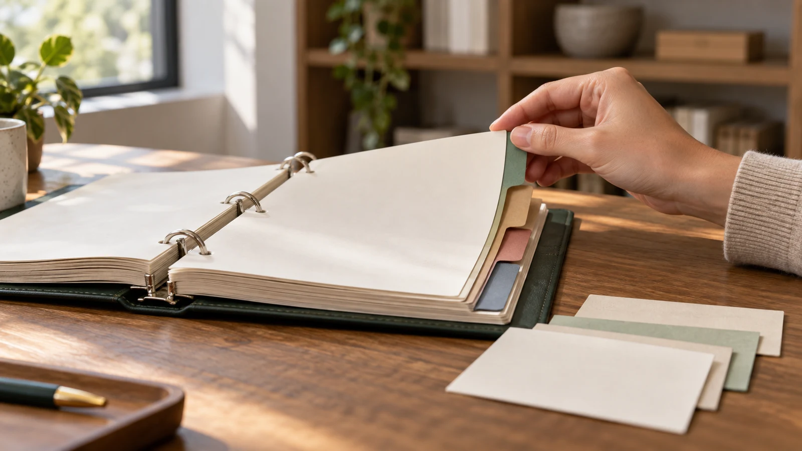 document index planning: A hand lifts a tabbed page in an open binder beside blank cards on a wooden desk.