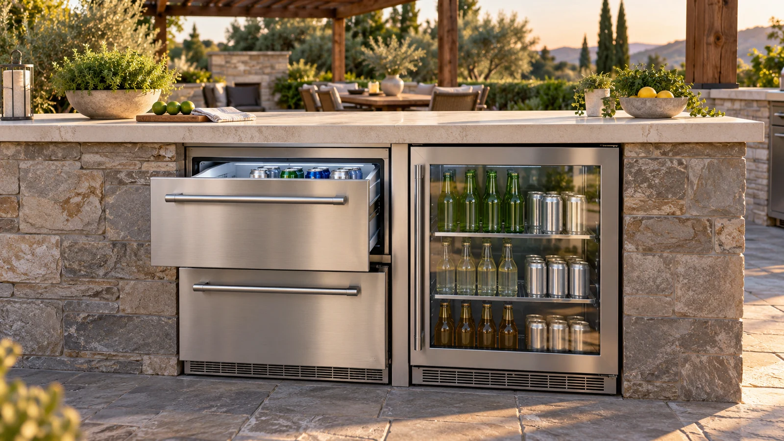 Maxximum drawers: Stainless steel refrigerator drawers and a glass-door fridge sit beneath an outdoor stone countertop.