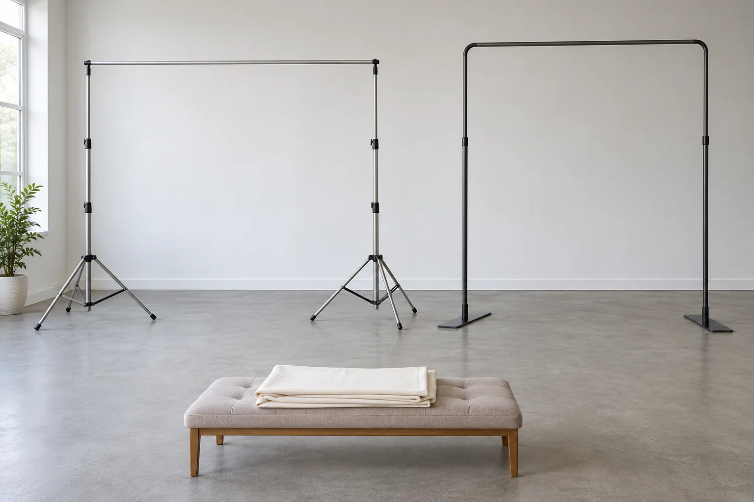 Backdrop stand compatibility concept showing separate generic empty crossbar and rectangular support frames beside folded plain fabric.