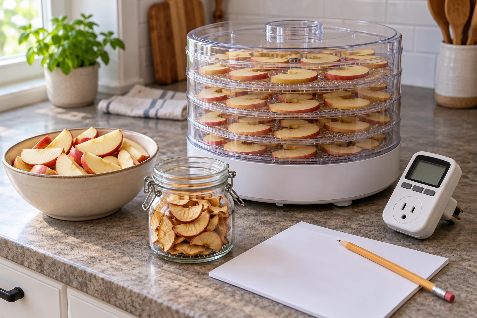 Food dehydrator running costs illustrated by fresh apple slices, a jar of dried fruit, a blank worksheet and an unplugged energy meter.