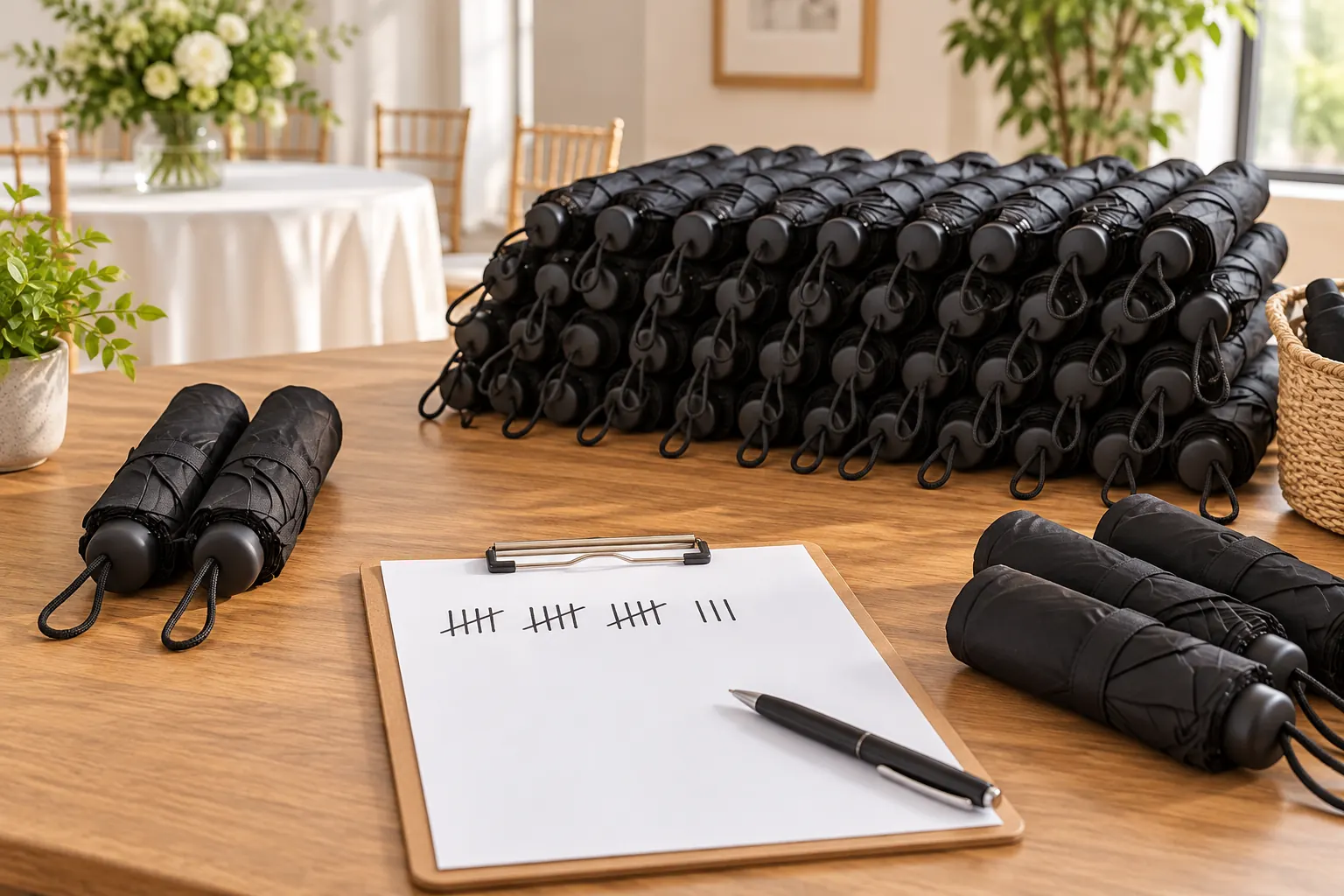Bulk umbrella cost per guest illustration comparing a pair of compact umbrellas with a larger grouped event supply, an 18-guest tally, and a few leftovers