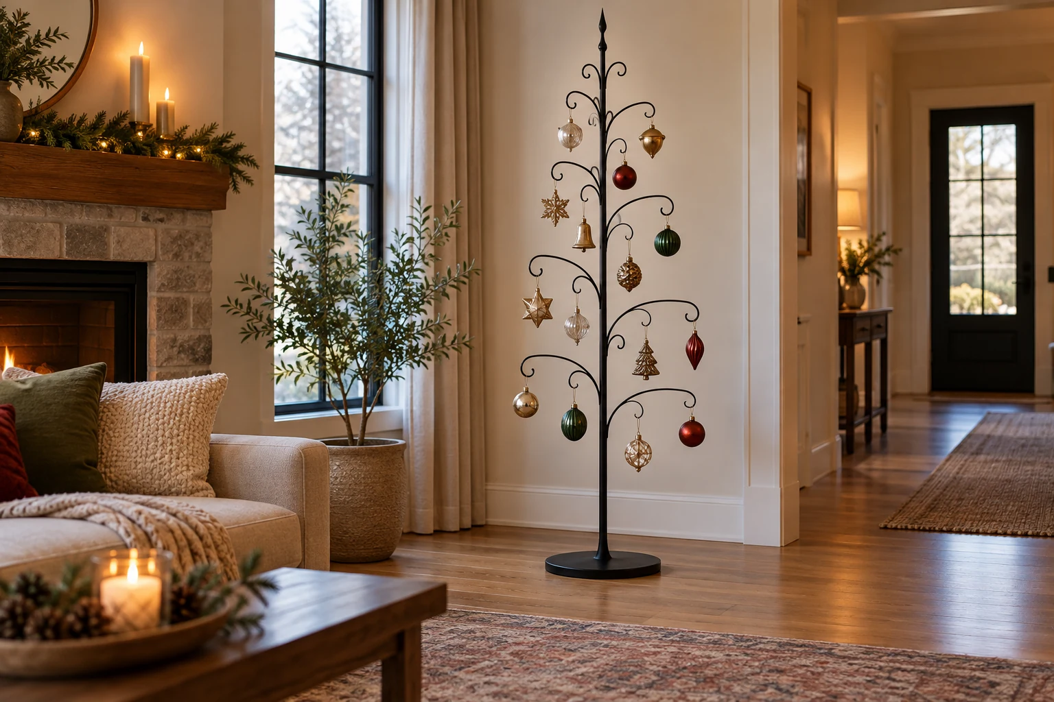 Plan a freestanding ornament display tree with its round base visible, ornaments spaced apart and an open walking path beside it.