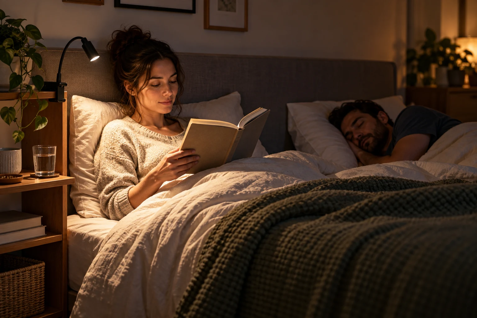 A shared-bedroom reading light routine, with a reader using a small aimed clip lamp while a partner sleeps beyond the light.