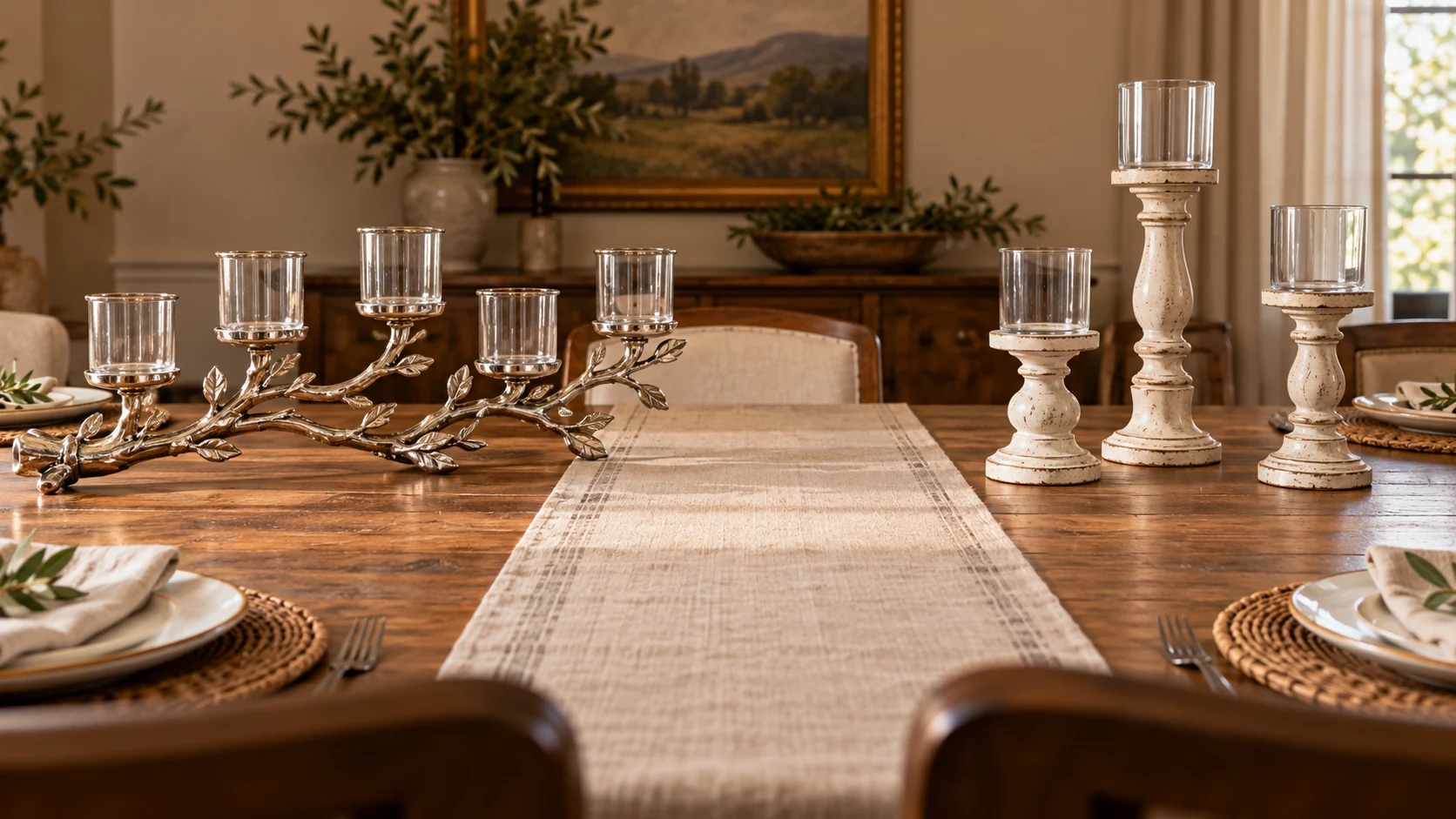 candle holder centerpiece choices on a dining table: one long silver branch with five empty glass cups and separate antique-white stands beside an open linen runner.
