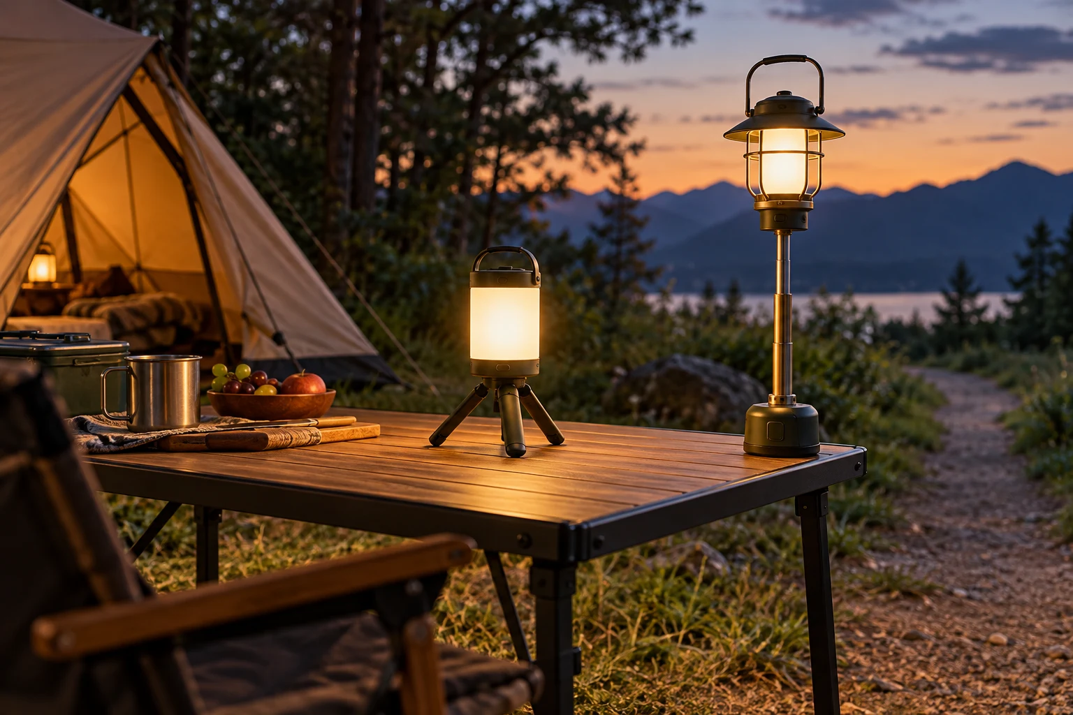 camping lantern table layout illustrated by a raised pole lantern and a mini-tripod lantern on a campsite table at dusk.