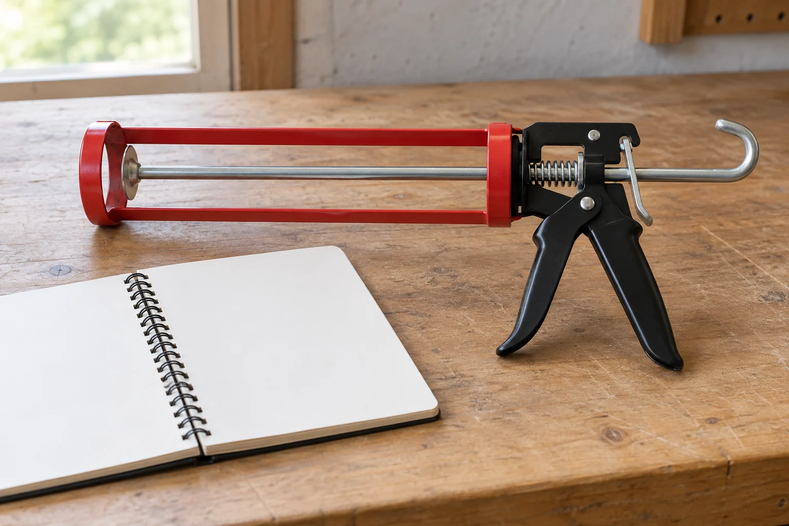 A whole inactive caulk gun beside a blank notebook, illustrating caulk gun rod will not pull back and the need to distinguish its handle, trigger and release type.