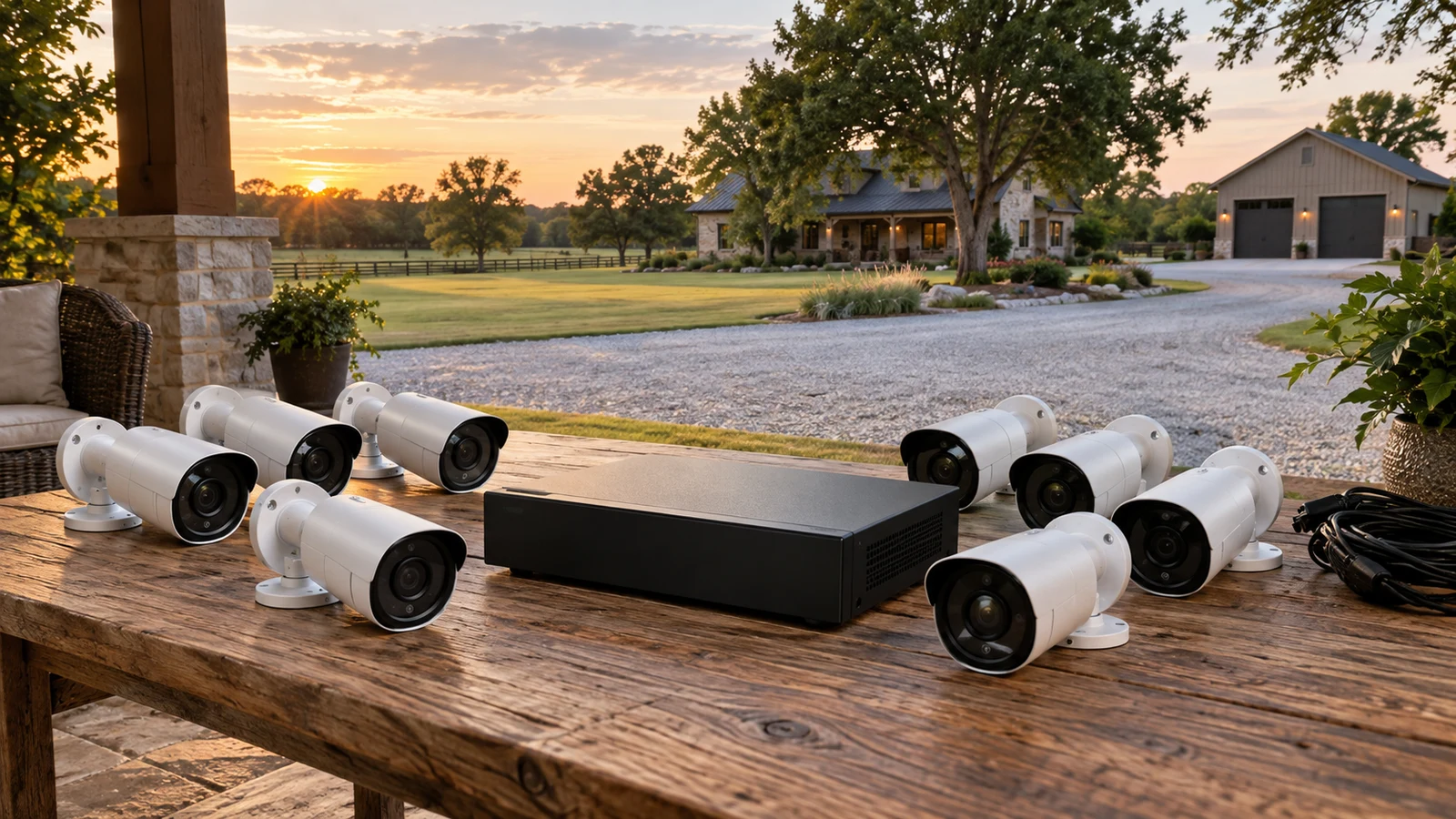 Elder eight-camera DVR system: Eight white security cameras and a black recorder sit on a wooden table overlooking a driveway.
