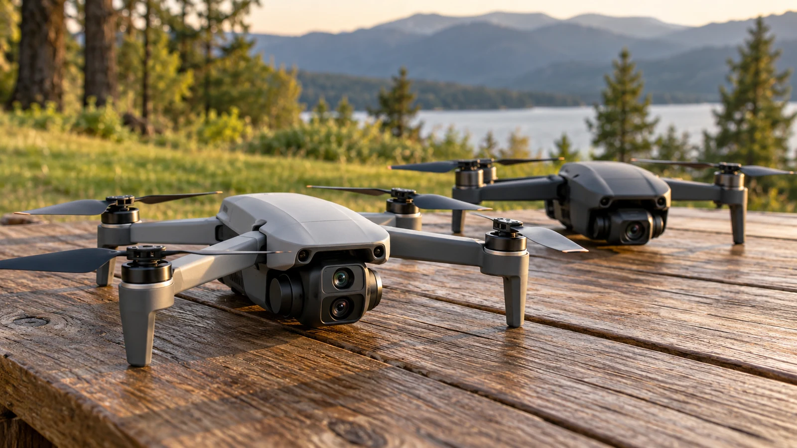 zhangxiaowei dual-camera drone: Two camera drones rest on a wooden table overlooking a lake.