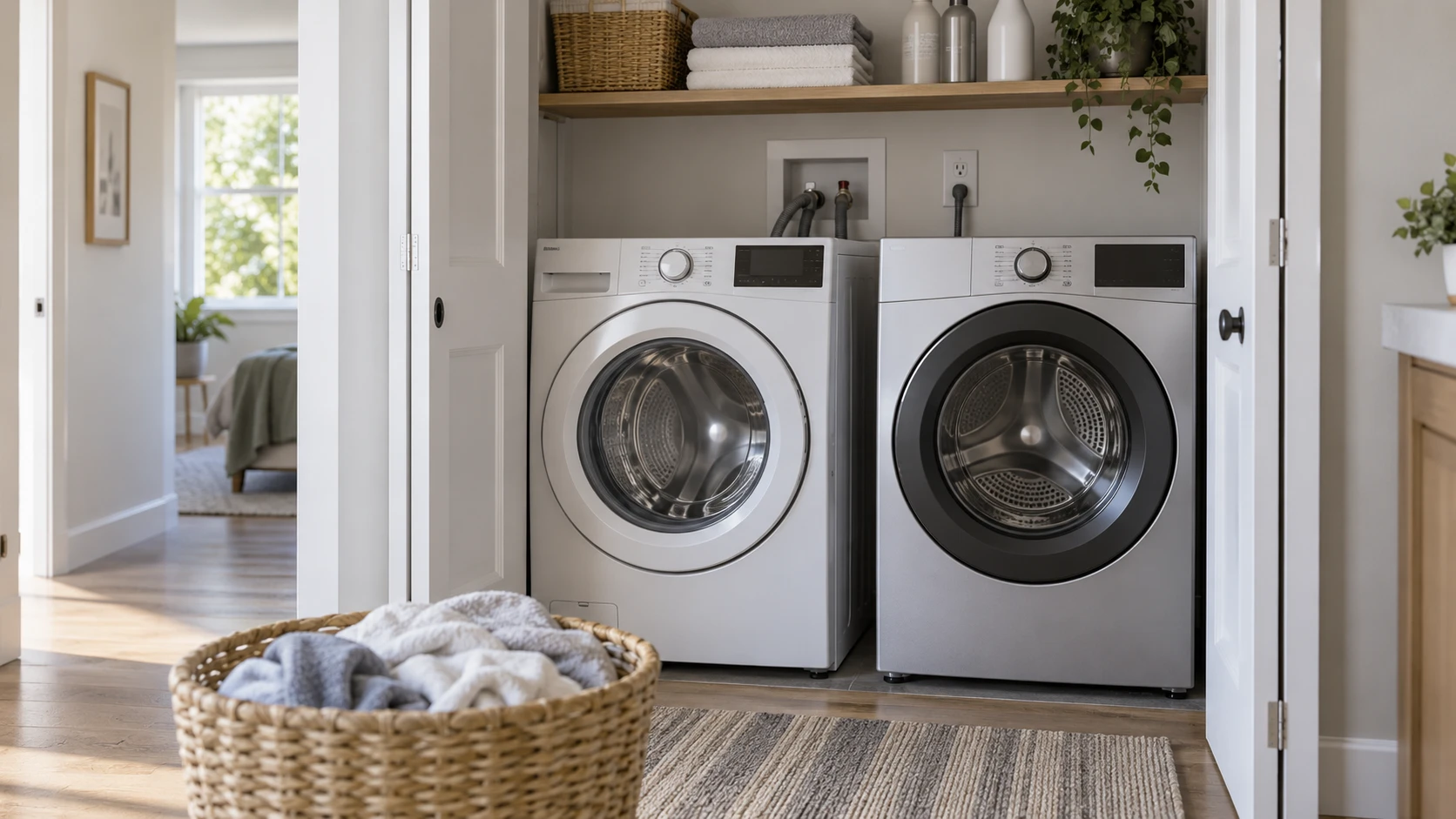 For GE GFW148SSMWW vs LG WM5700HVA front load washer, consider closet width, door clearance, listed wash features, and the specifications still worth checking.