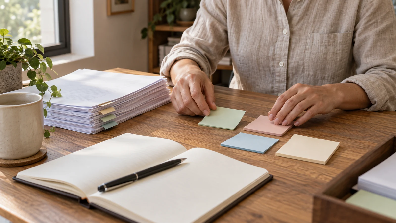 document comment resolution: A person arranges pastel sticky notes beside stacked papers and an open notebook.