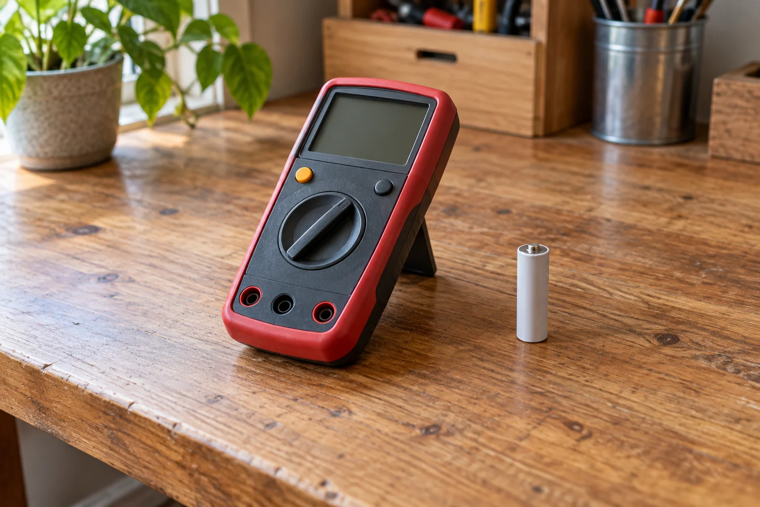 Multimeter DC voltage reading concept with a whole generic handheld meter and an isolated small battery, disconnected on a home workbench.