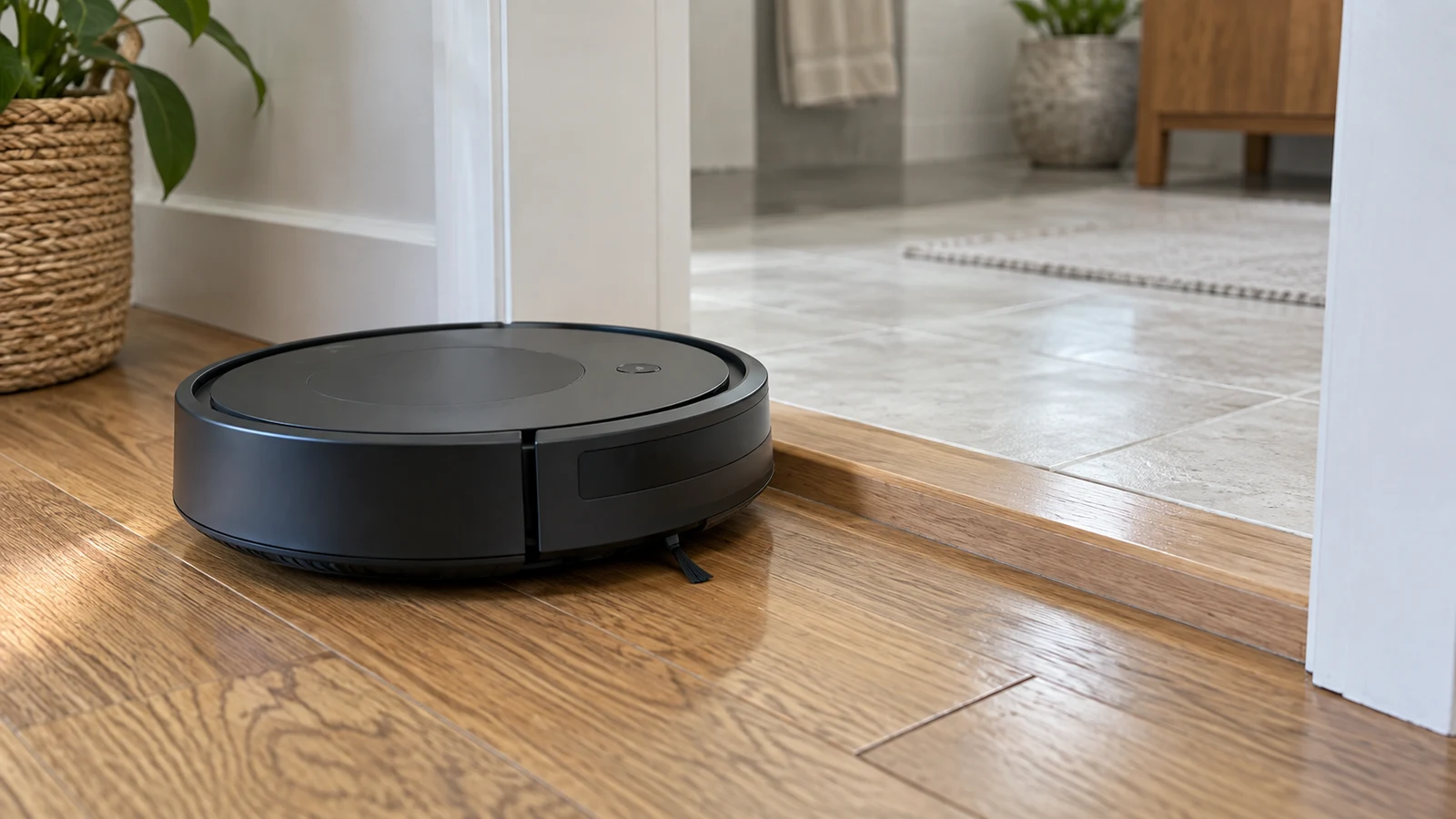 Roomba j7 threshold crossing checks: A black robot vacuum sits beside a raised wooden threshold in a doorway.