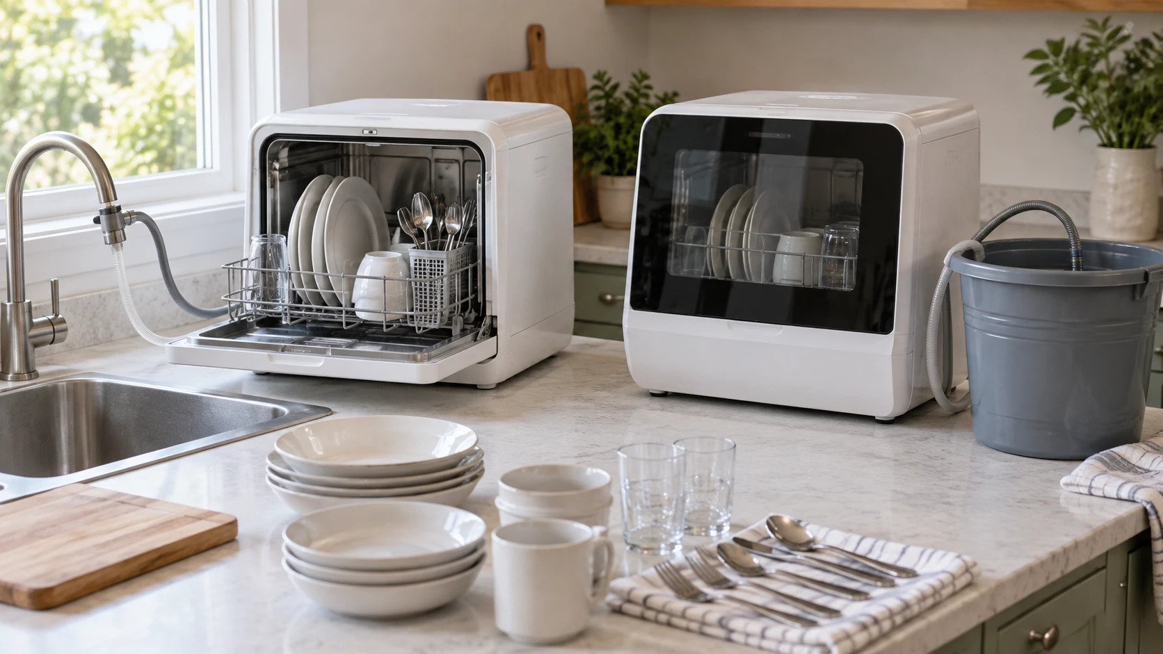 For M optimized countertop dishwasher with bucket inlet, consider documented faucet and bucket connections, wash cycles, dish fit, drying and counter placement.