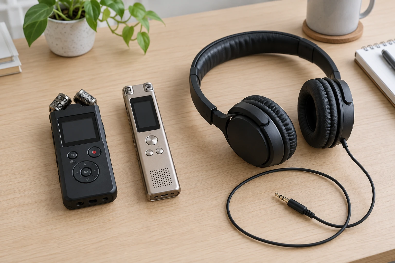 Silent playback on an audio recorder concept with two whole generic recorders, wired headphones and a disconnected stereo plug on a desk.