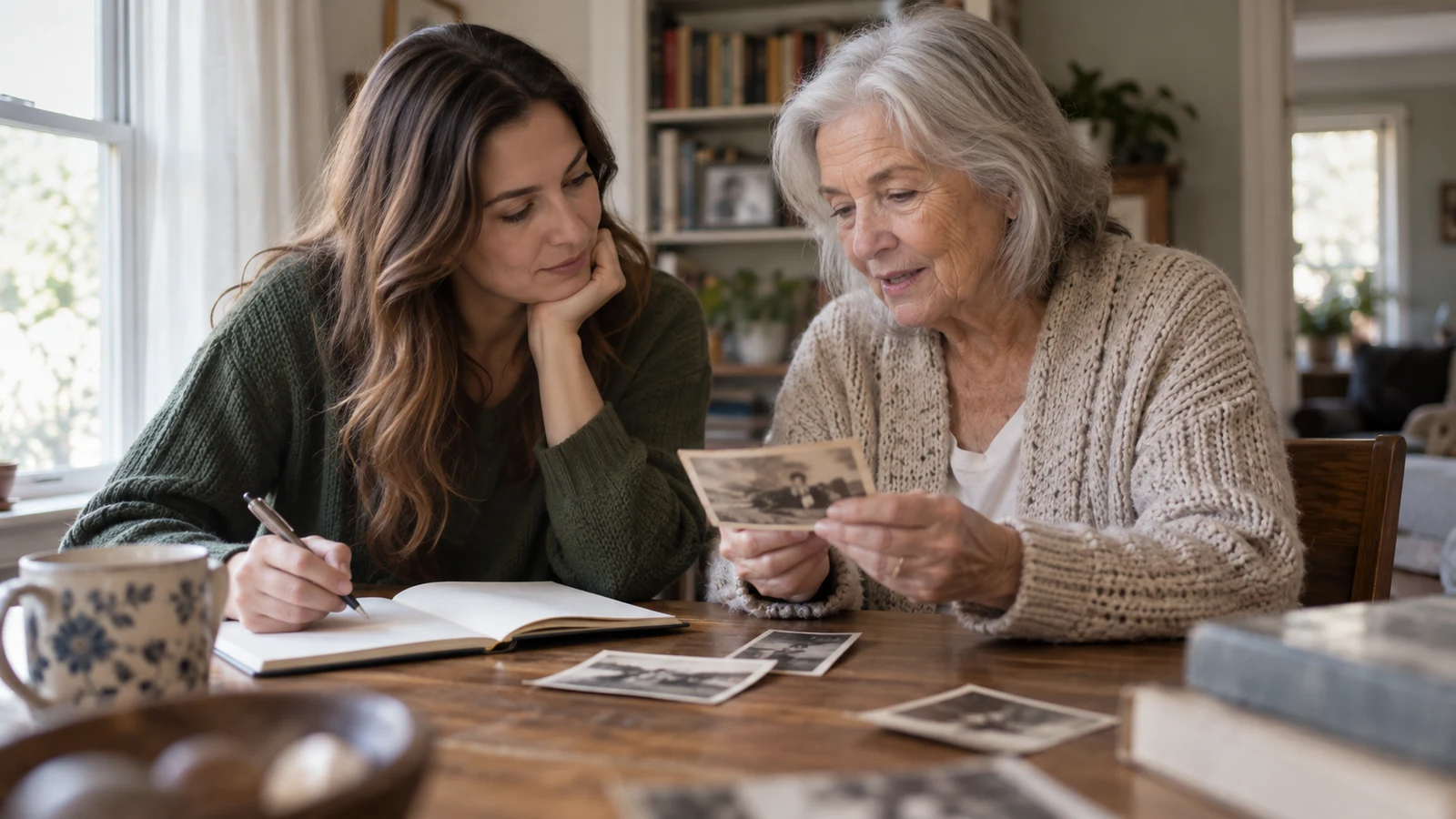 family interview questions: Two women look at a photograph at a wooden table beside an open notebook.