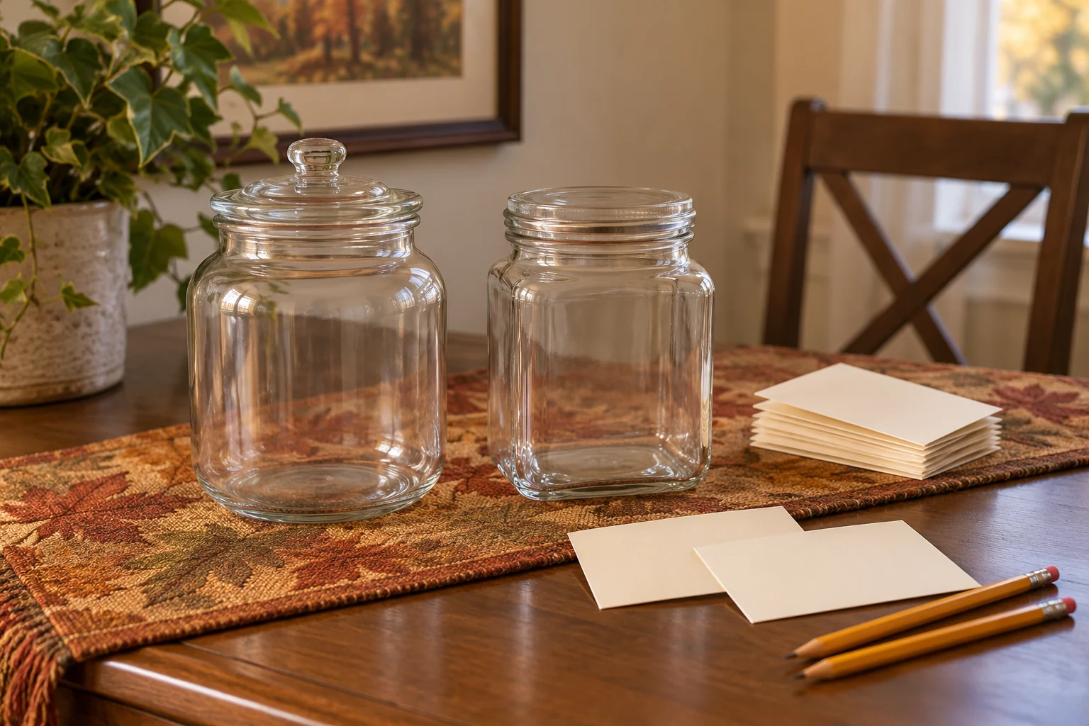 Thanksgiving thank-you jar concept with two complete generic glass jars beside separate folded notes, blank cards and pencils.