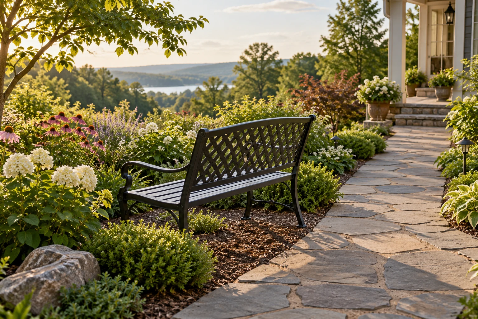Garden bench seating nook arranged to face a chosen view while leaving a clear walking route beside the seat