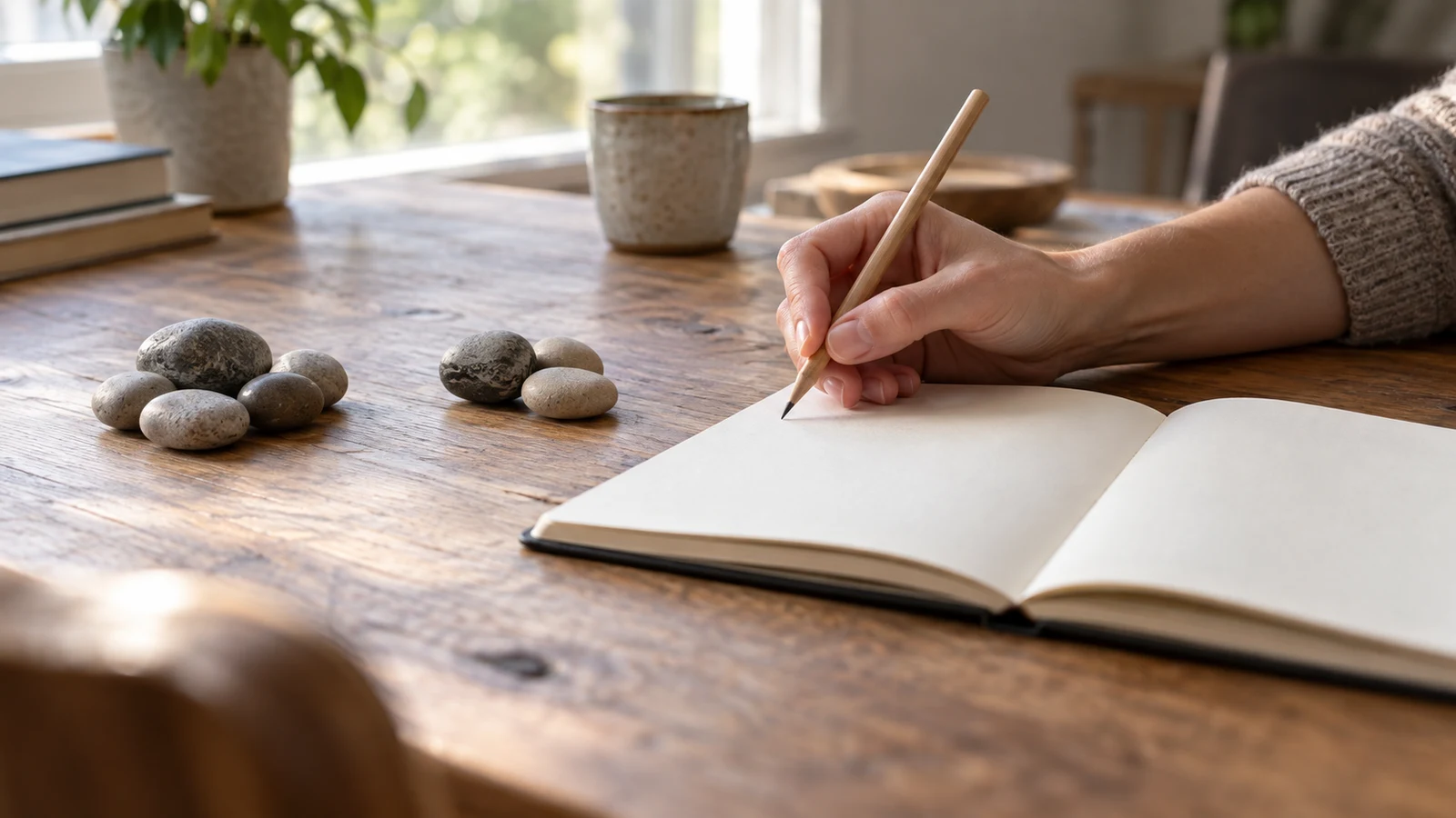 weighted average calculations: A hand holds a pencil over a blank notebook beside two groups of pebbles on a wooden desk.