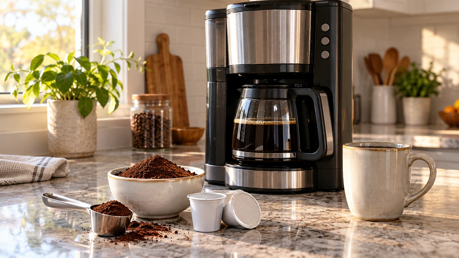 Ninja coffee maker DualBrew XL: An unbranded coffee maker stands beside ground coffee, plain pods, and a ceramic mug.